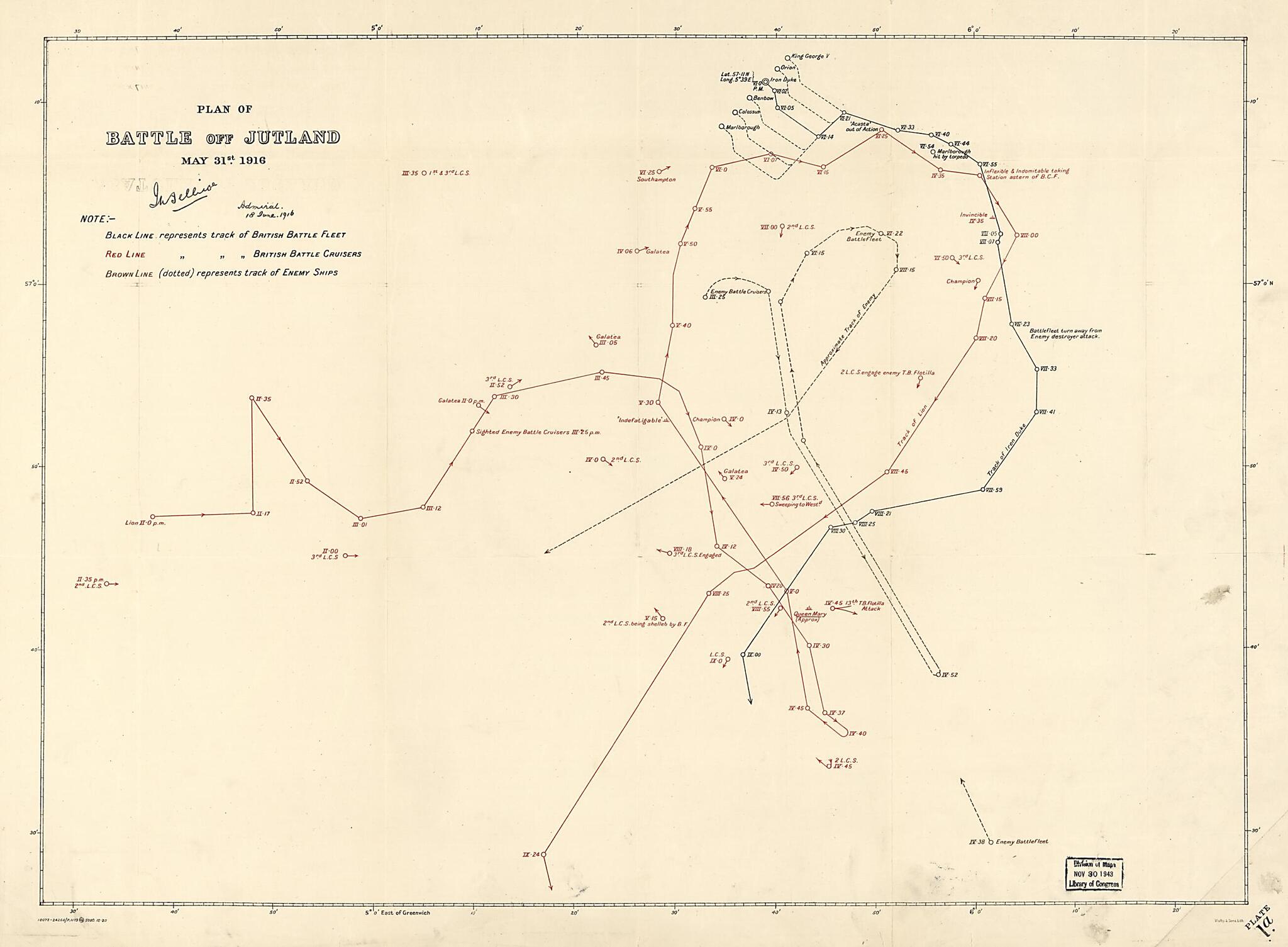 This old map of Plans of the Battle of Jutland, May 31st from 1916 was created by Great Britain. Admiralty, John Rushworth Jellicoe, Malby & Sons in 1916