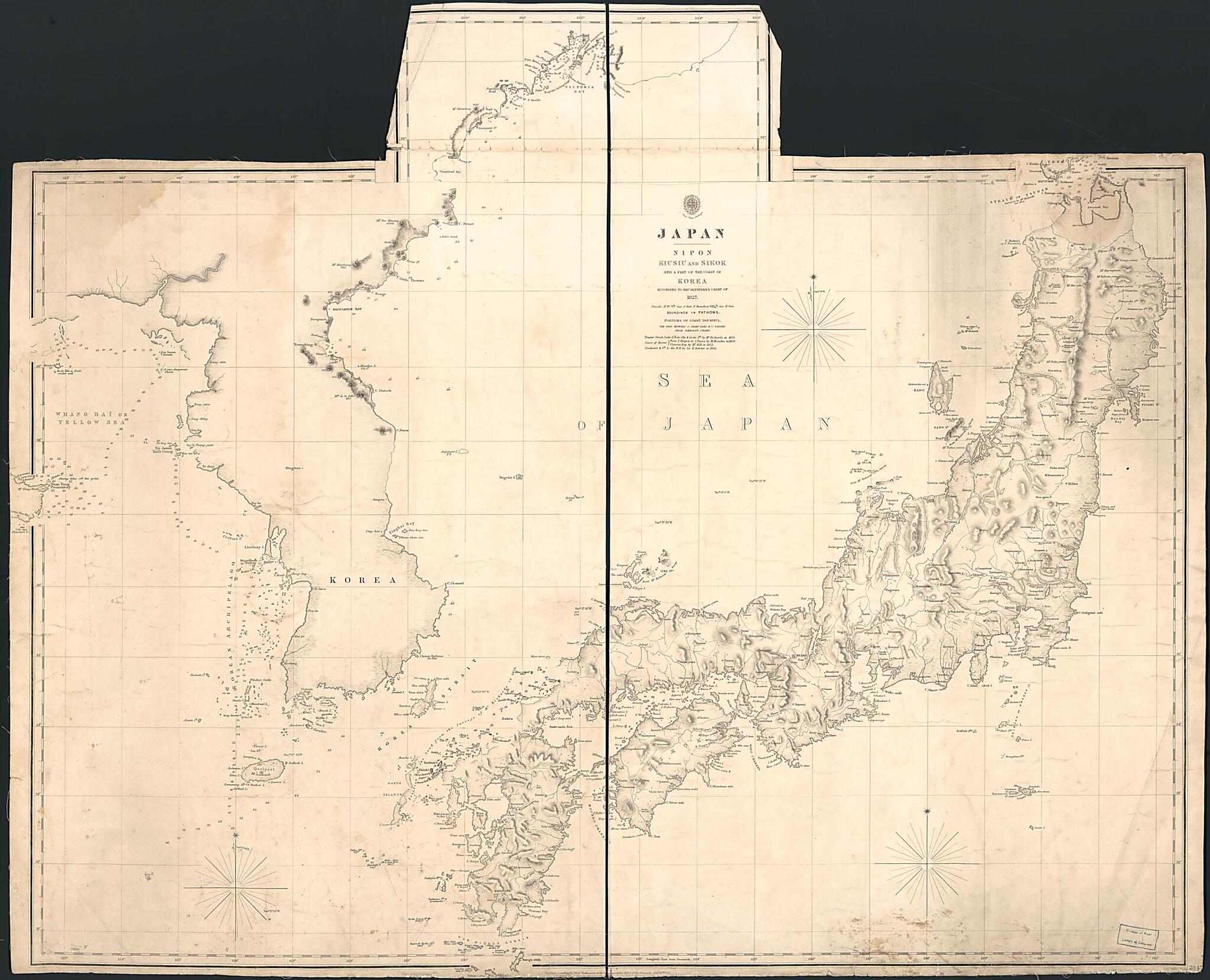 This old map of Japan : Nipon, Kiusiu and Sikok, and a Part of the Coast of Korea from 1855 was created by Great Britain. Hydrographic Department, J. & C. Walker (Firm) in 1855
