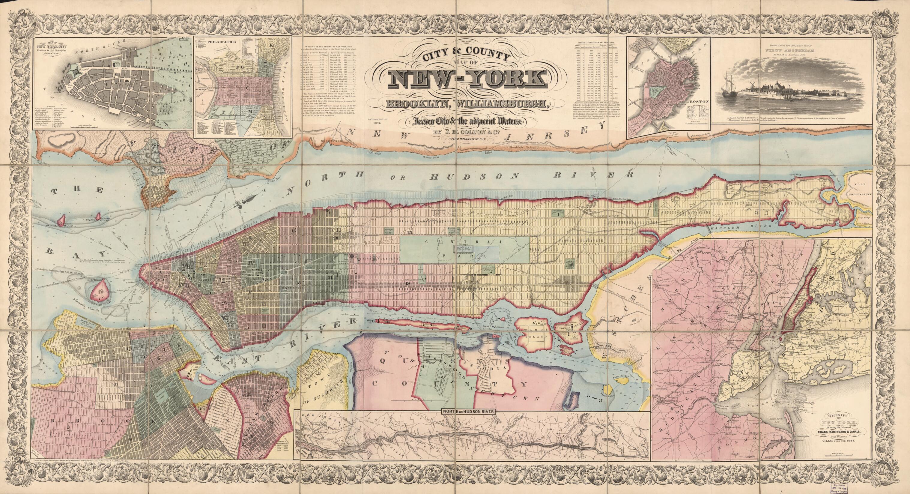 This old map of York : Brooklyn, Williamsburgh, Jersey City & the Adjacent Waters (York) from 1857 was created by Millard Fillmore, J.H. Colton & Co, James Lyne in 1857
