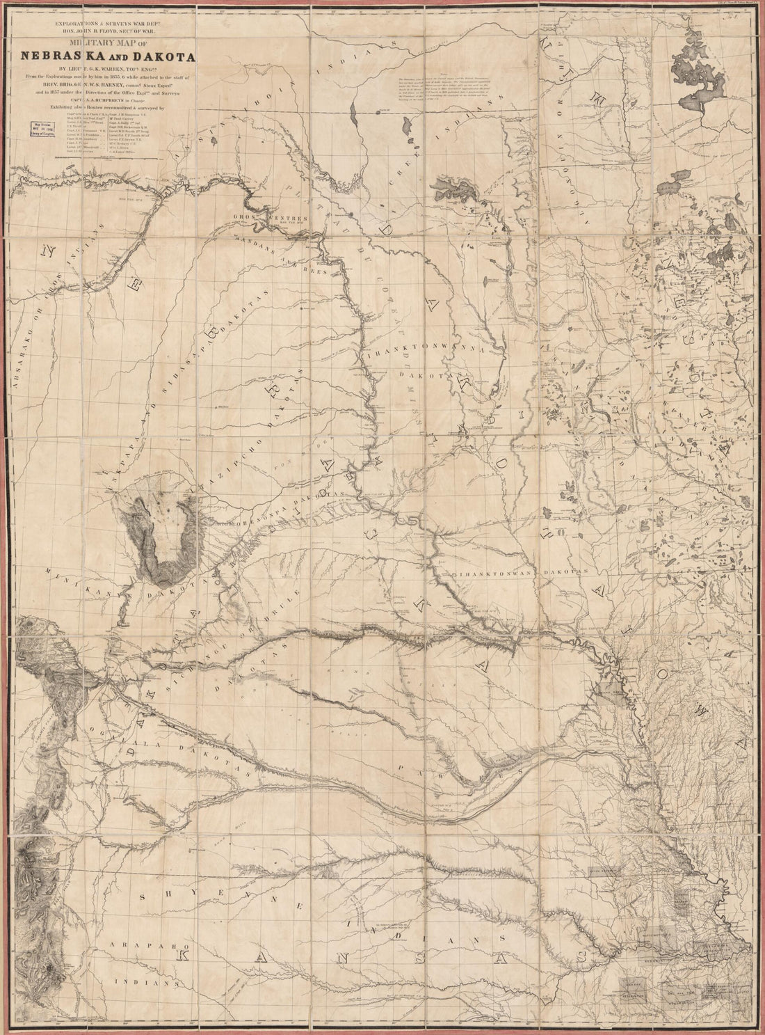 This old map of Military Map of Nebraska and Dakota from 1857 was created by William Clark, Meriwether Lewis, United States. Office of Explorations and Surveys, G. K. (Gouverneur Kemble) Warren in 1857
