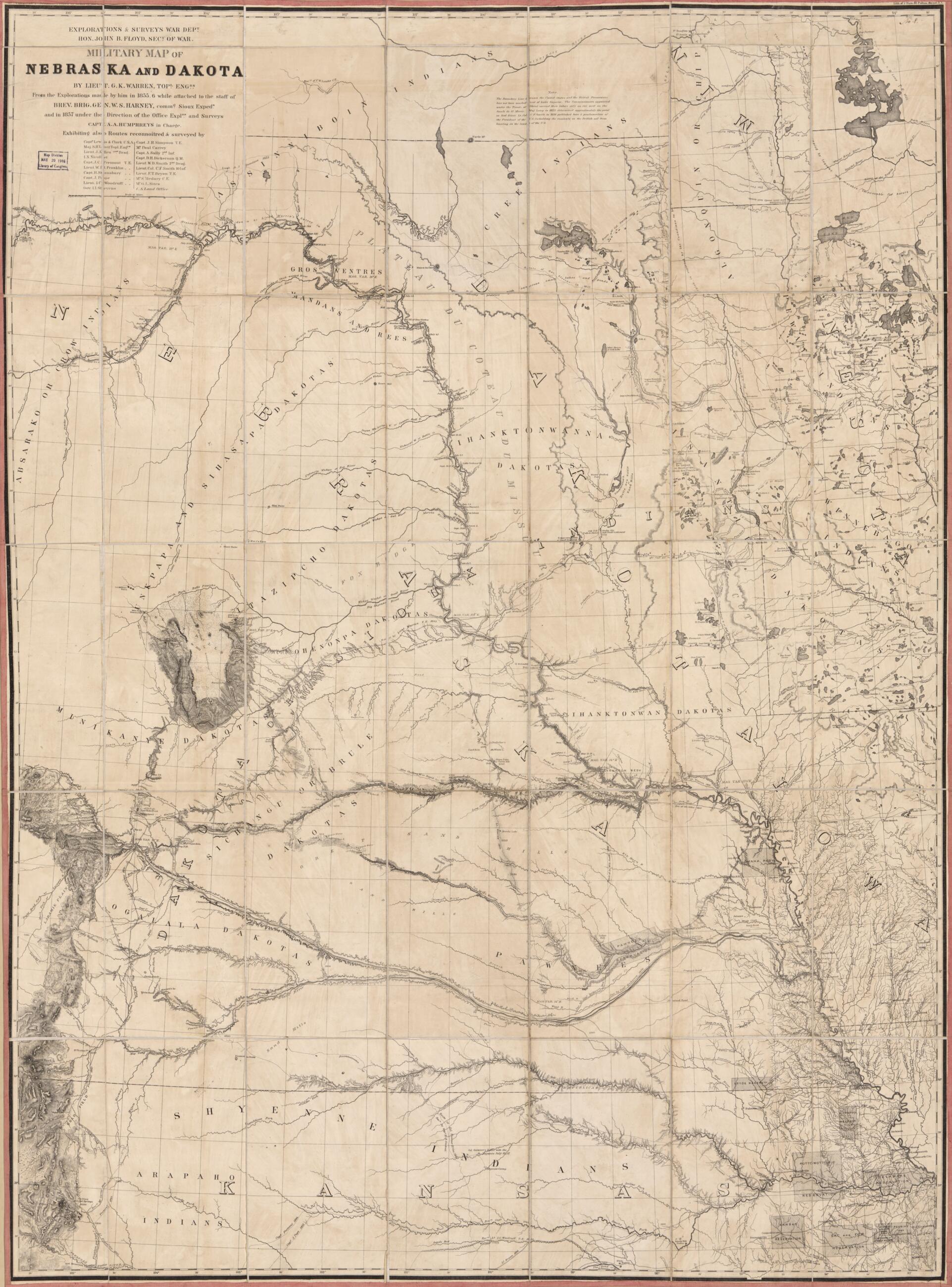This old map of Military Map of Nebraska and Dakota from 1857 was created by William Clark, Meriwether Lewis, United States. Office of Explorations and Surveys, G. K. (Gouverneur Kemble) Warren in 1857