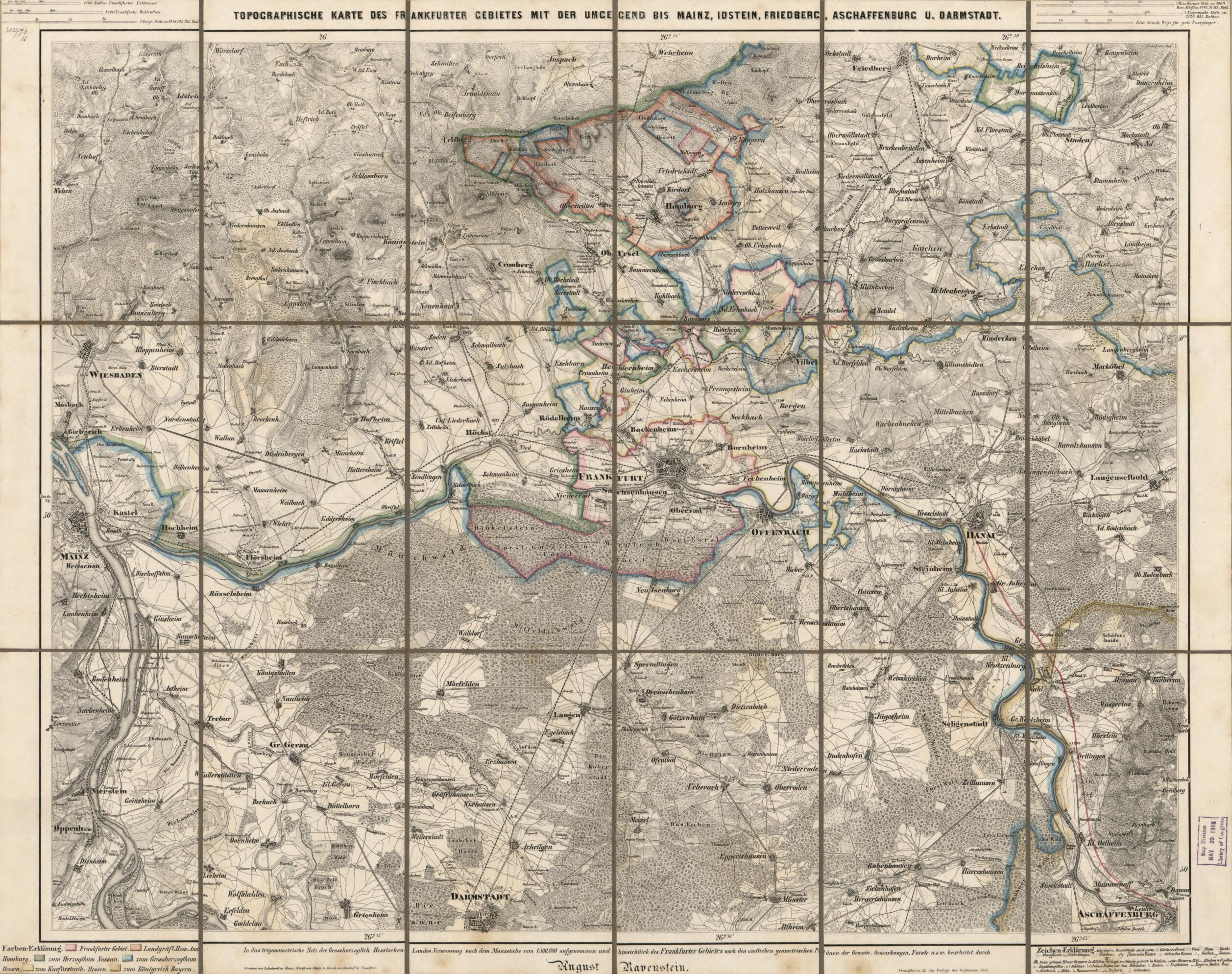 This old map of Topographische Karte Des Frankfurter Gebietes Mit Der Umgegend Bis Mainz, Friedberg, Aschaffenburg U. Darmstadt. (Karte Der Umgegend Von Frankfurt, Environs of Frankfort On the Main) from 1851 was created by Millard Fillmore, August Raven