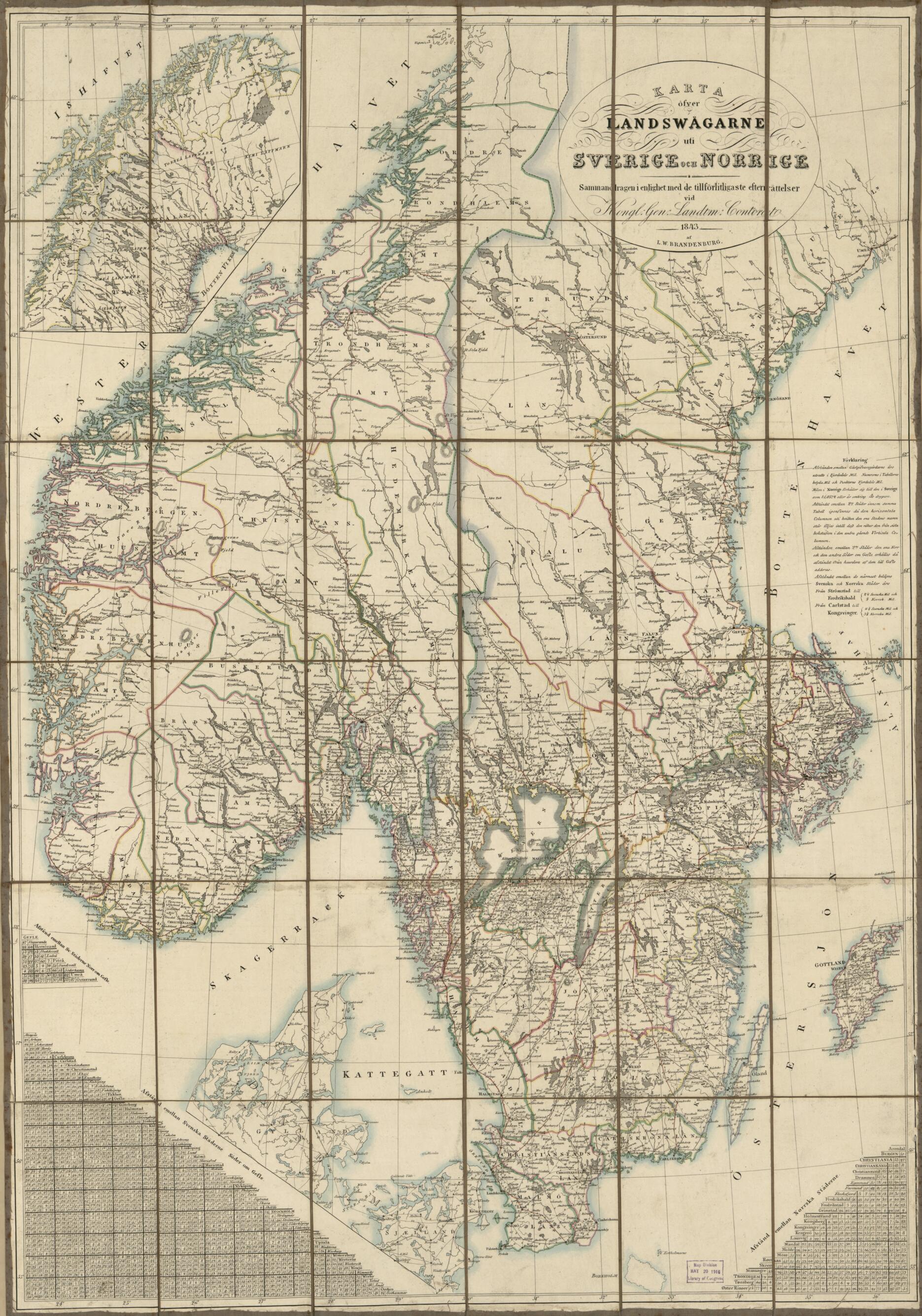 This old map of Karta öfver Landswägarne Uti Sverige Och Norige from 1843 was created by L. W. (Lorens Wilhelm) Brandenburg, Millard Fillmore, Sweden. Kongl. Gen. Landtm. Contoret in 1843