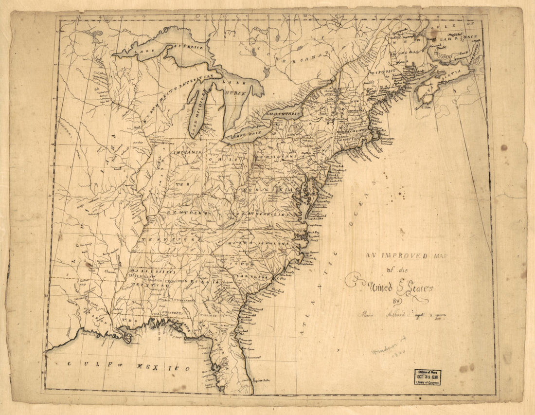 This old map of An Improved Map of the United States from 1809 was created by Maria Hubbard in 1809