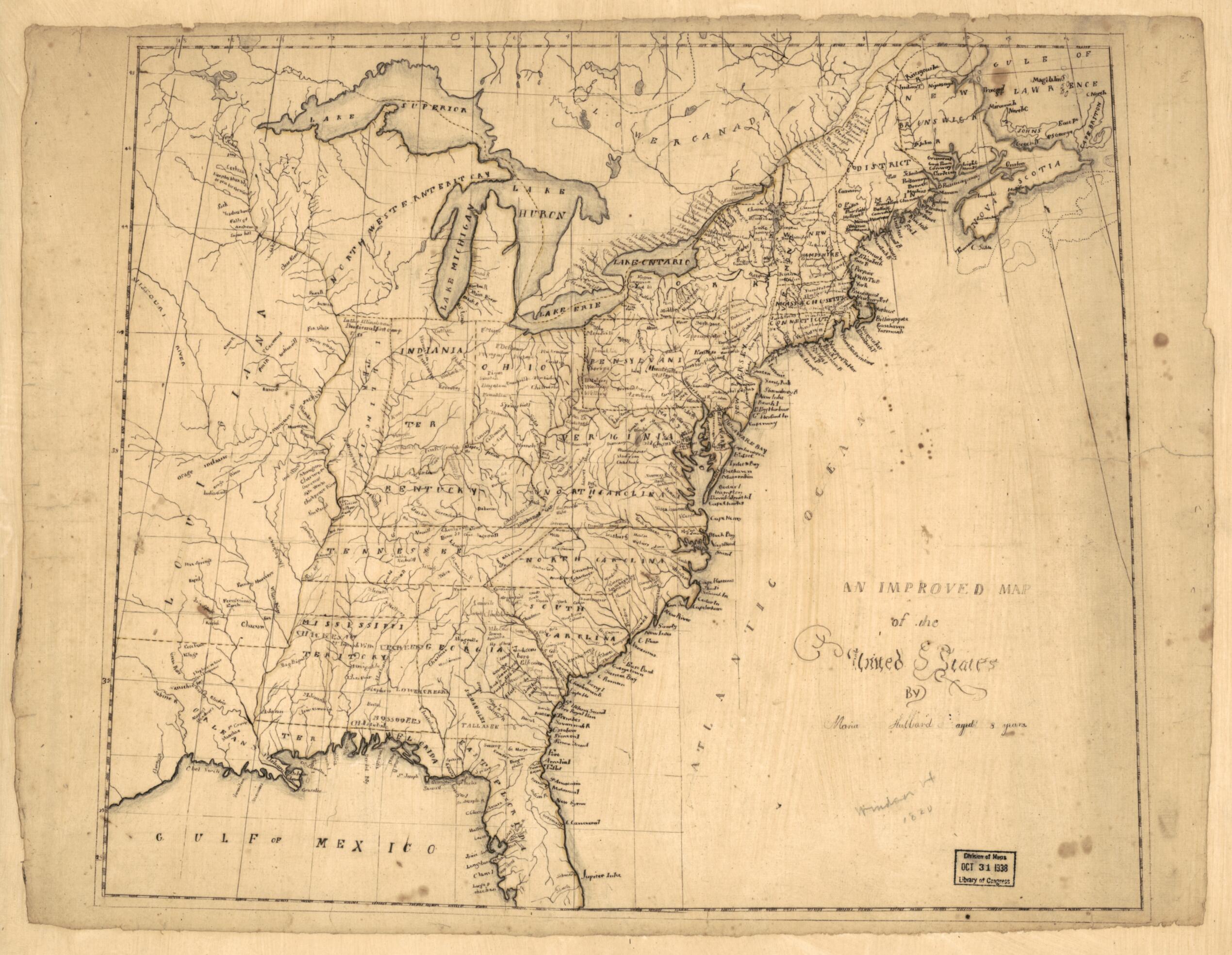 This old map of An Improved Map of the United States from 1809 was created by Maria Hubbard in 1809