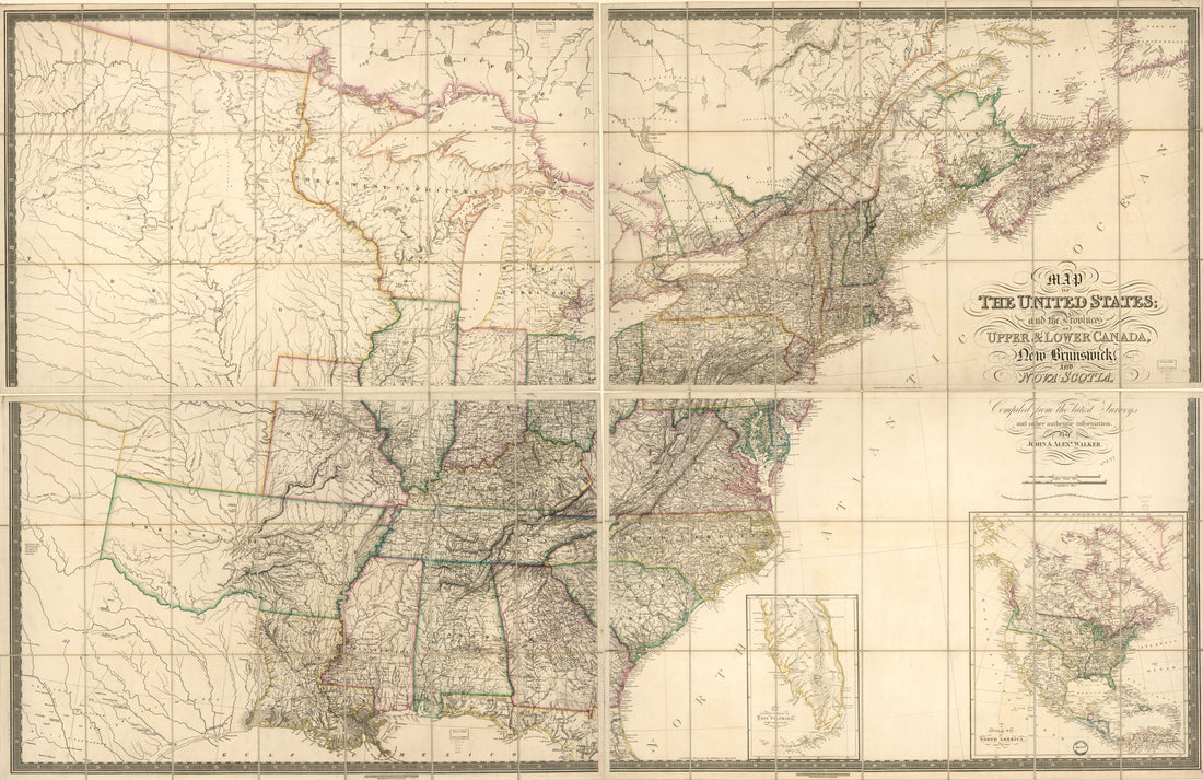 This old map of Map of the United States and the Provinces of Upper & Lower Canada, New Brunswick, and Nova Scotia from 1827 was created by J. & A. Walker in 1827