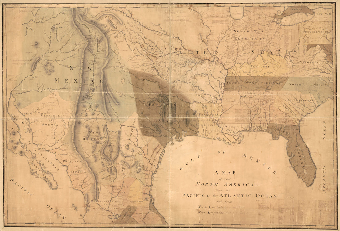 This old map of A Map of Part North America from the Pacific to the Atlantic Ocean and from North Lattitutude 19°0ʺ0ʹ to 43°0ʺ0ʹ, West Longitude 70°0ʺ0ʹ to 113°0ʺ0ʹ (Map of North America) from 1811 was created by John Hills in 1811