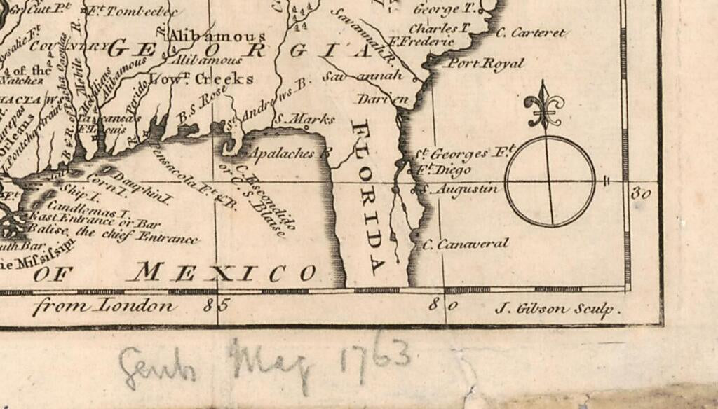 This old map of Colonial America from 1763 was created by J. (John) Gibson in 1763