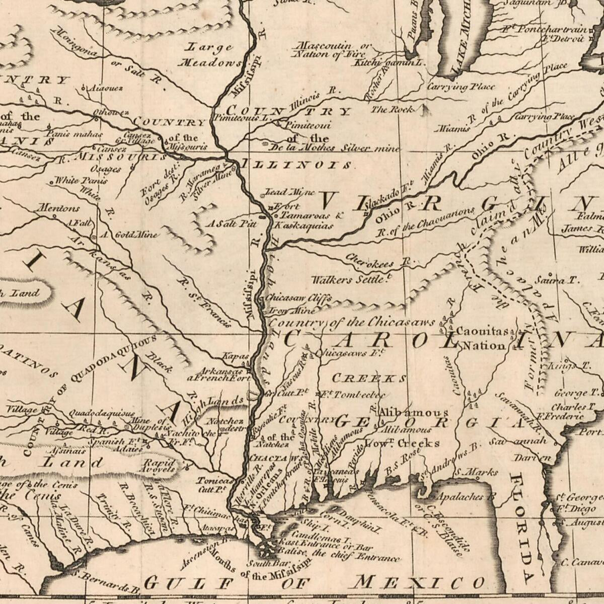 This old map of Colonial America from 1763 was created by J. (John) Gibson in 1763