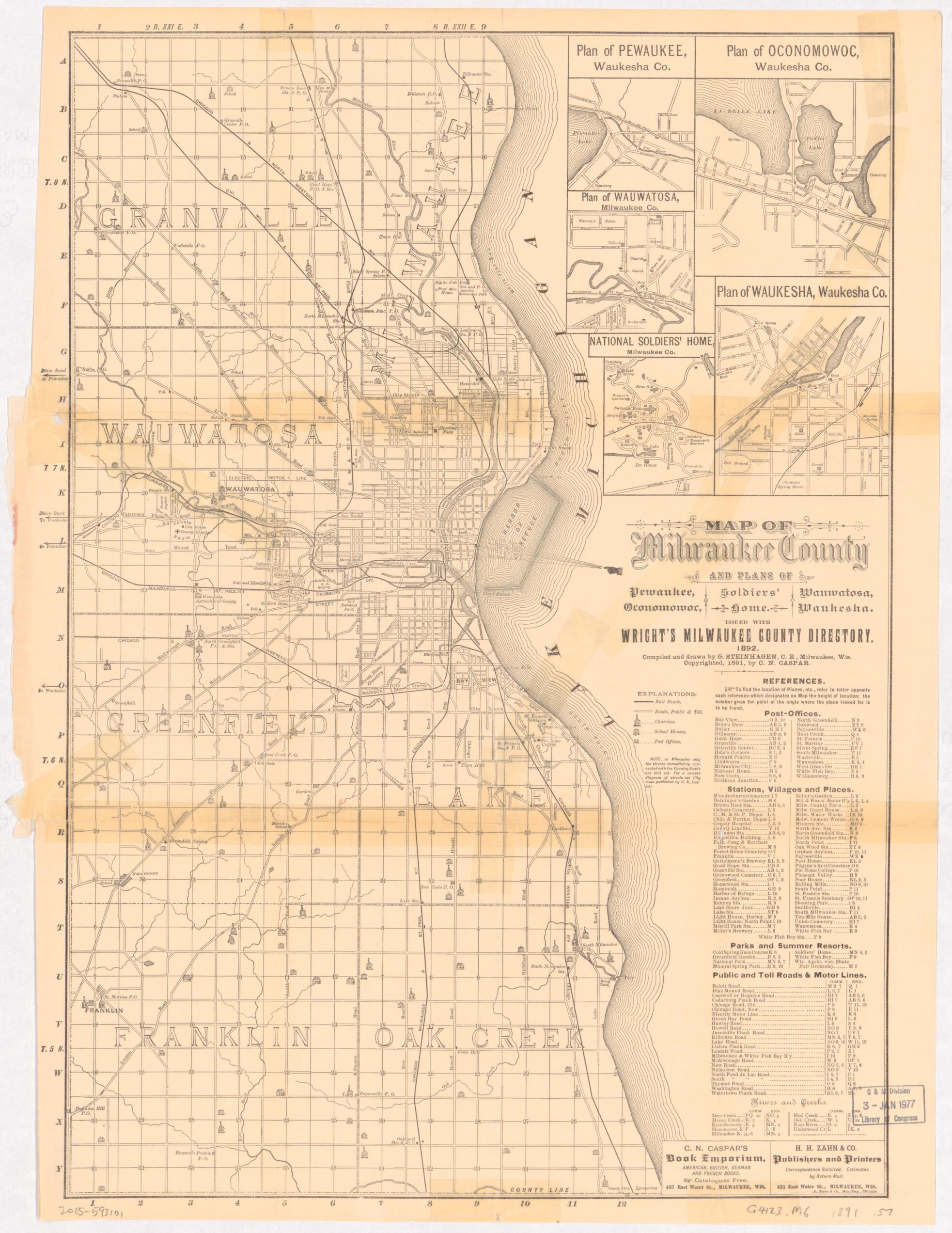 This old map of Map of Milwaukee County and Plans of Pewaukee, Oconomowoc, Wauwatosa, Waukesha from 1892 was created by C. N. (Carl Nicolaus) Caspar, G. Steinhagen in 1892