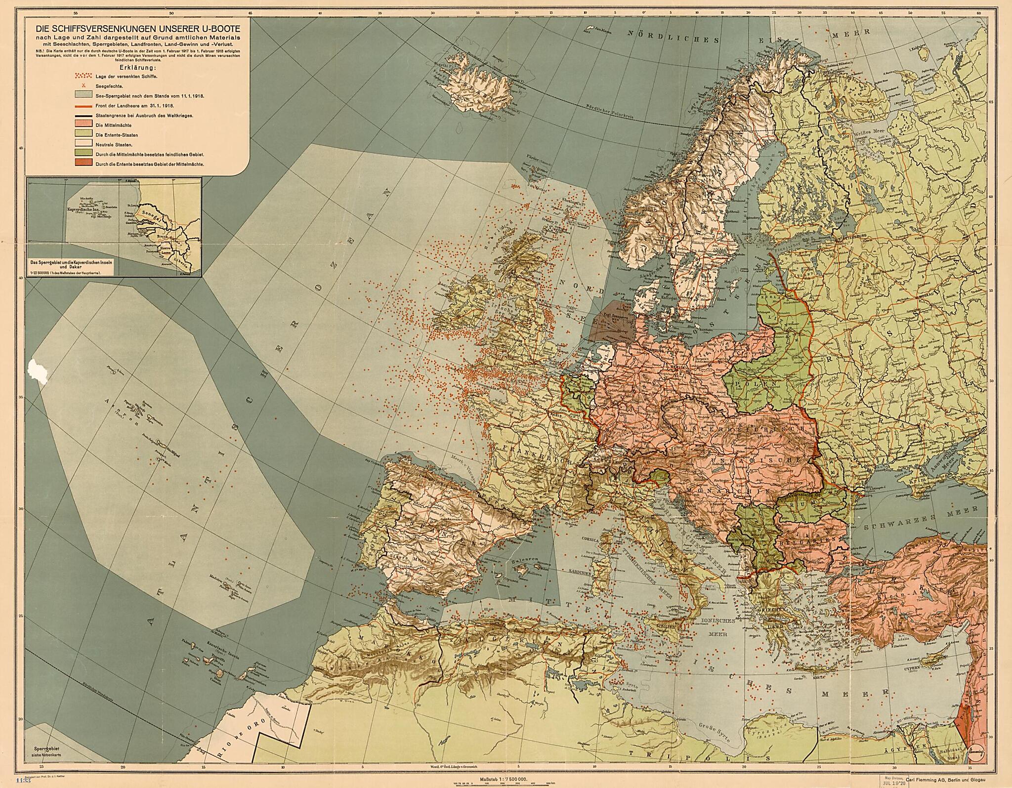 This old map of Boote : Nach Lage Und Zahl Dargestellt Auf Grund Amtlichen Materials Mit Seeschlachten, Sperrgebieten, Landfronten, Land-Gewinn Und -Verlust (Boote) from 1918 was created by Carl Flemming (Firm) in 1918
