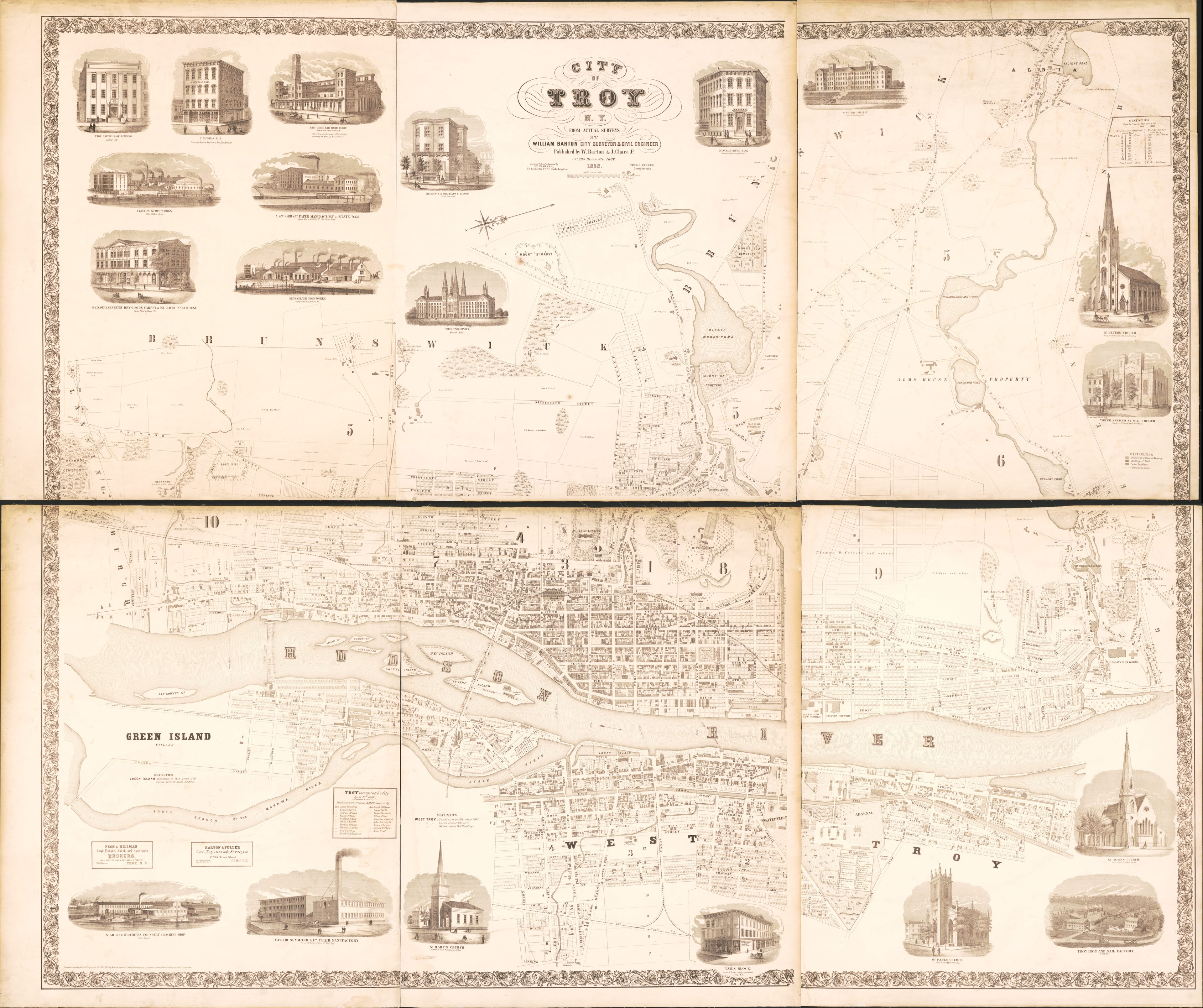 This old map of City of Troy, New York : from Actual Surveys from 1858 was created by Wm. J. (William J.) Barker, William Barton, W. Barton & J. Chace Jr in 1858