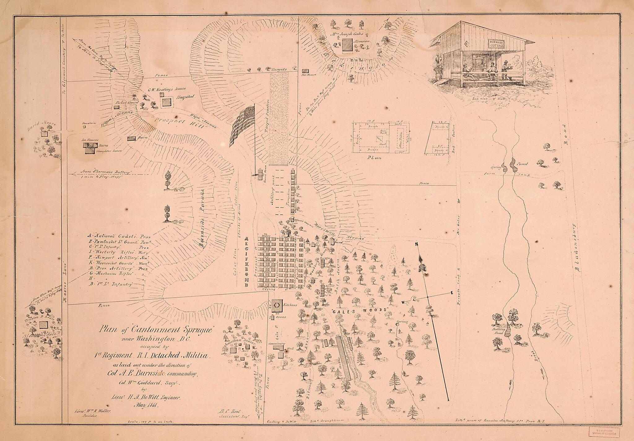 This old map of Plan of Cantonment Sprague Near Washington D.C. : Occupied by 1st Regiment R.I. Detached Militia (Cantonment Sprague) from 1861 was created by Ambrose Everett Burnside, H. A. De Witt, William Goddard, Anthony & Co Knowles in 1861