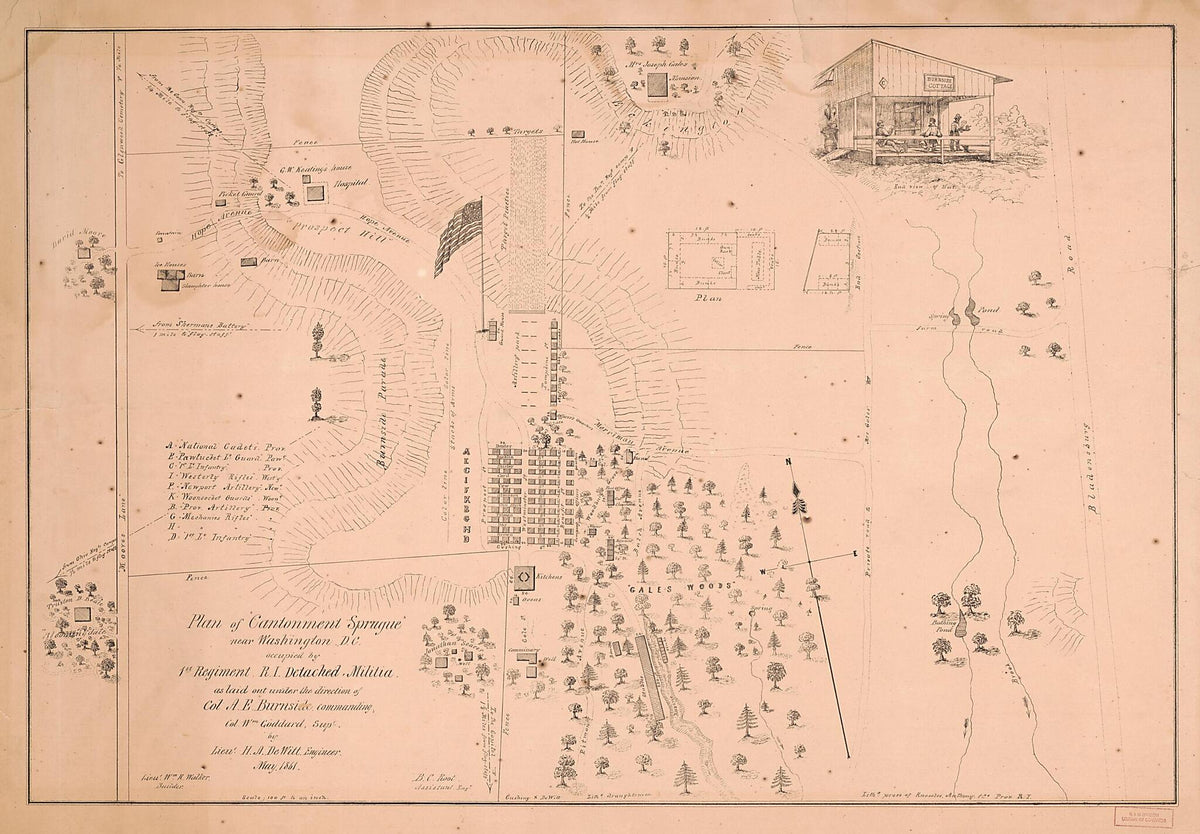 Plan of Cantonment Sprague Near Washington D.C. : Occupied by 1st Regiment R.I. Detached Militia (Cantonment Sprague) 1861 by Relic Map Company