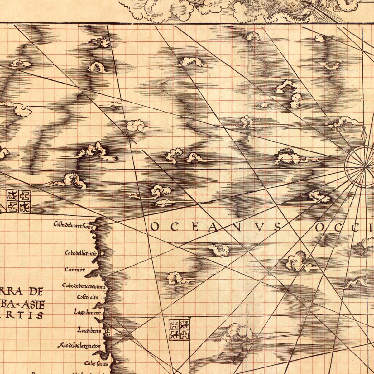 This old map of Carta Marina Navigatoria Portvgallen Navigationes, Atqve Tocius Cogniti Orbis Terre Marisqve Formam Natvram Sitvs Et Terminos Nostris Temporibvs Recognitos Et Ab Antiqvorum Traditione Differentes, Eciam Qvor Vetvsti Non Meminervnt Avtores