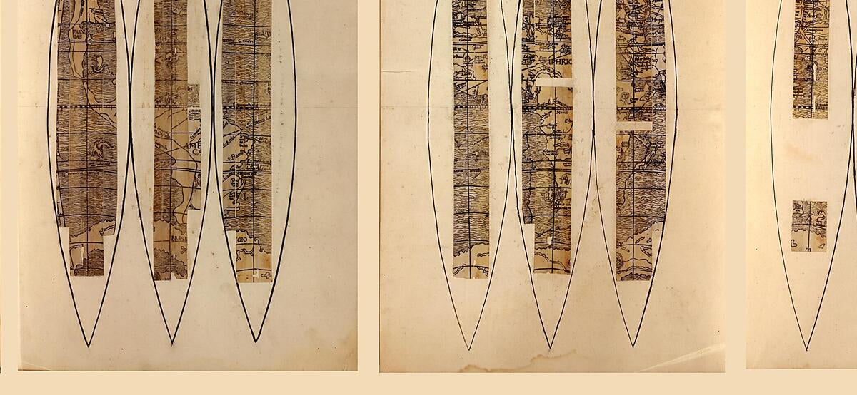 This old map of Fragmentary Terrestrial Globe Gores from 1517 was created by  Jay I. Kislak Collection (Library of Congress), Johann Schöner in 1517