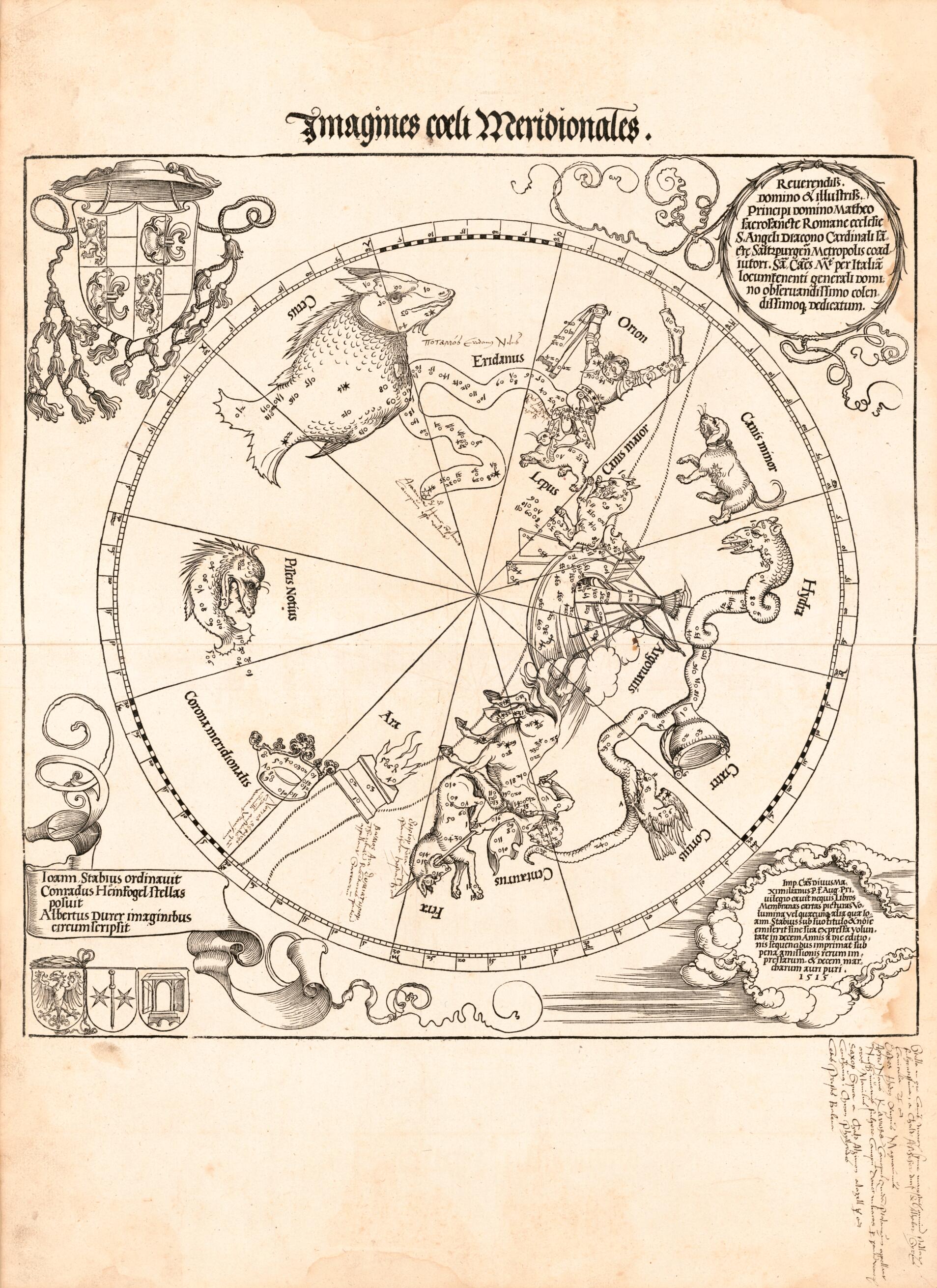 This old map of Imagines Coeli Meridionales from 1515 was created by Albrecht Dürer, Jay I. Kislak Collection (Library of Congress), Johann Schöner, Johannes Stabius in 1515