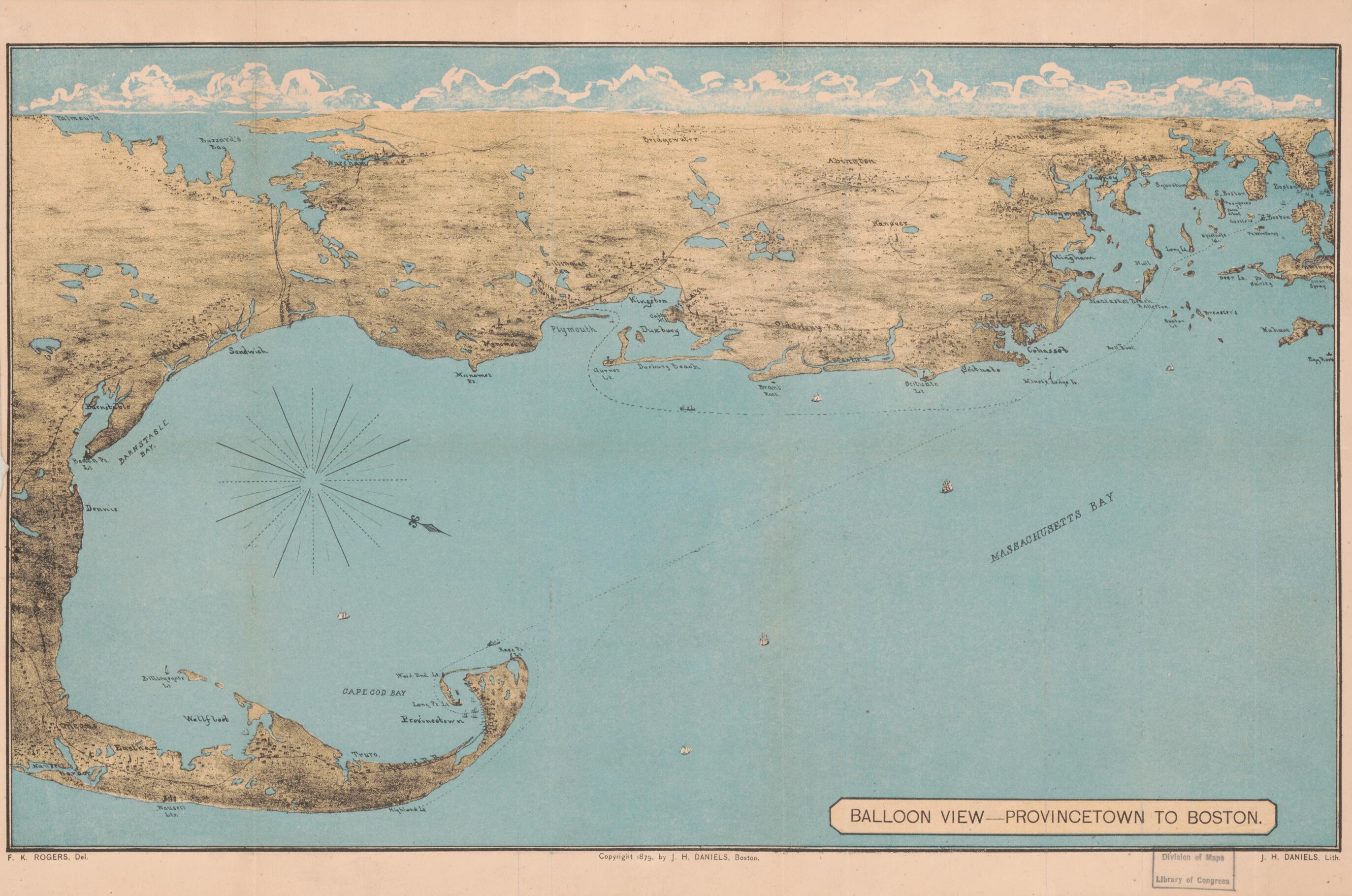 This old map of Balloon View, Provincetown to Boston from 1879 was created by F. Kimball Rogers in 1879
