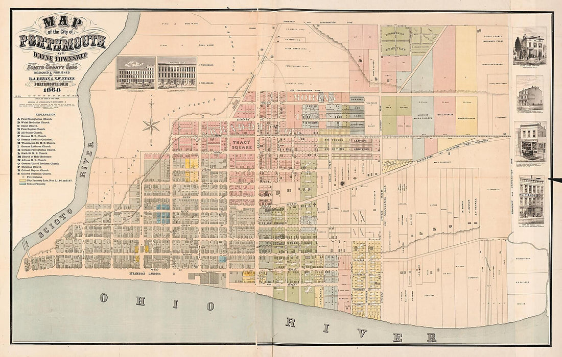 This old map of Map of the City of Portsmouth and Wayne Township, Scioto County, Ohio from 1868 was created by R. A. Bryan, Strobridge & Co. Lith in 1868