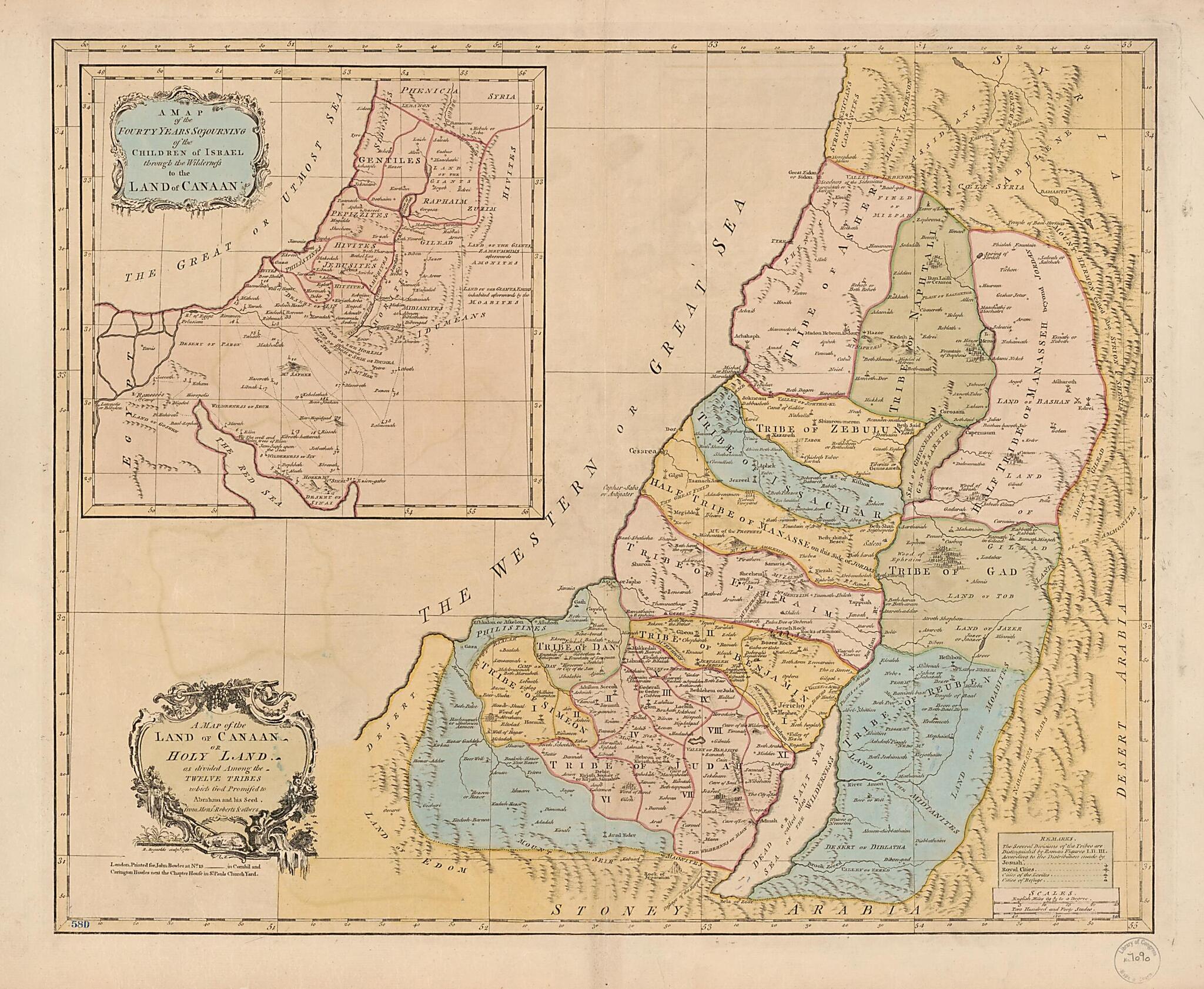 This old map of A Map of the Land of Canaan Or Holy Land, As Divided Among the Twelve Tribes Which God Promised to Abraham and His Seed from 1760 was created by John Bowles in 1760