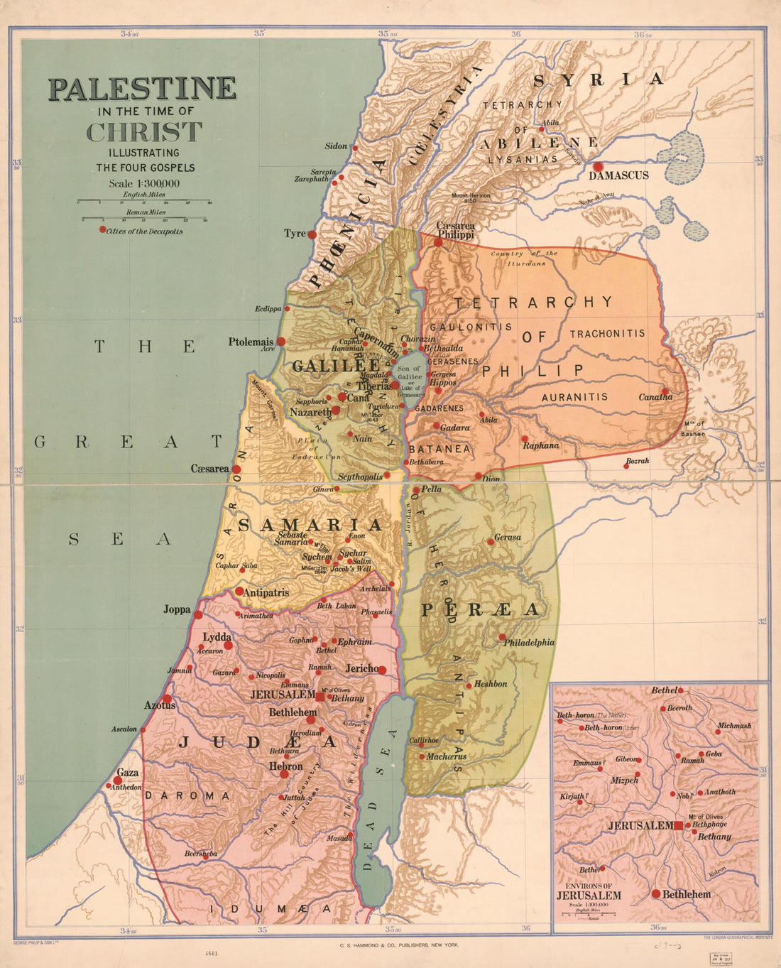 This old map of Palestine In the Time of Christ : Illustrating the Four Gospels from 1916 was created by George Philip & Son, London Geographical Institute in 1916