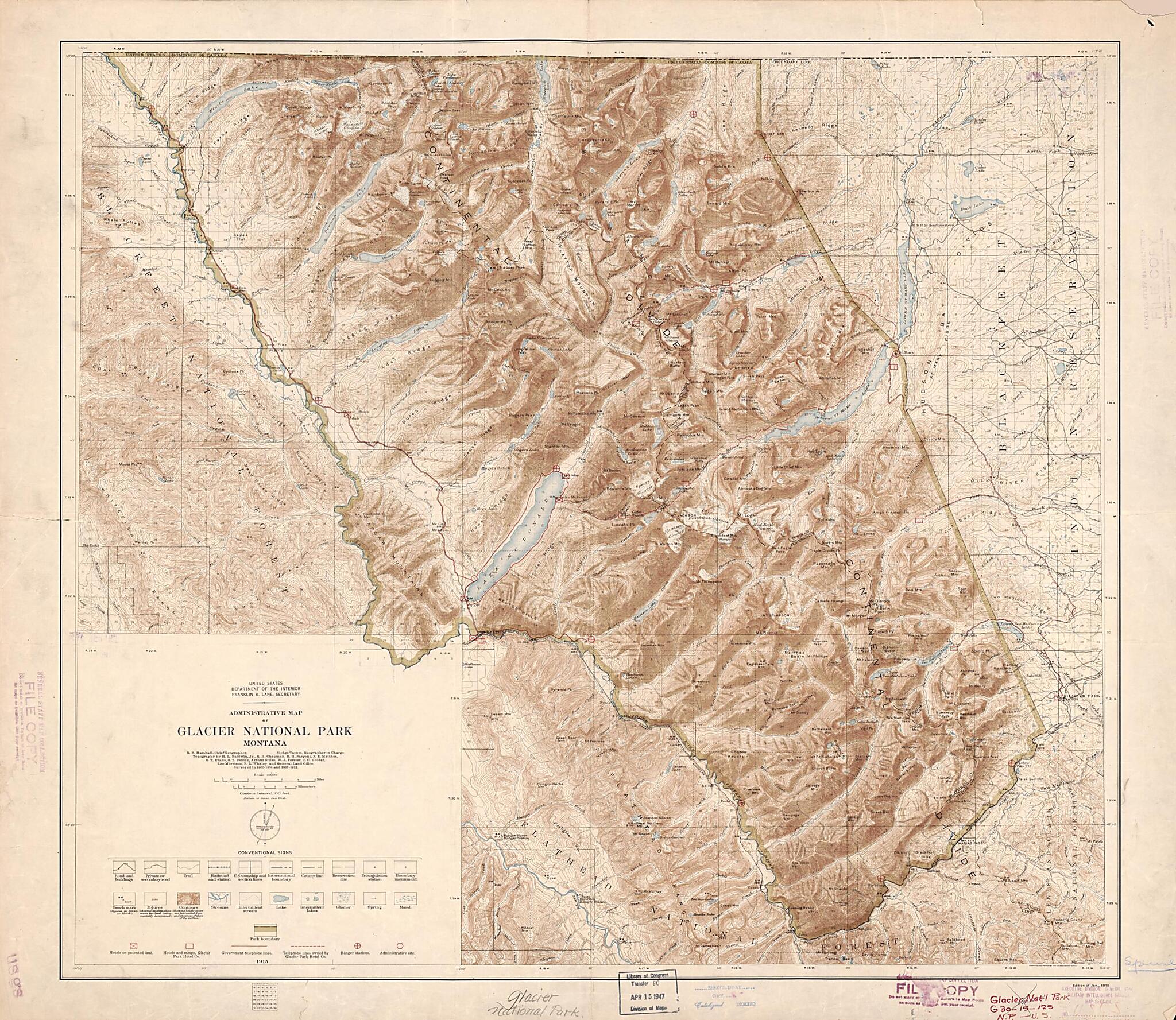 This old map of Administrative Map of Glacier National Park, Montana (Glacier National Park, Montana) from 1915 was created by H. L. (Harry L.) Baldwin, Geological Survey (U.S.), R. B. (Robert Bradford) Marshall, United States. Department of the Interi