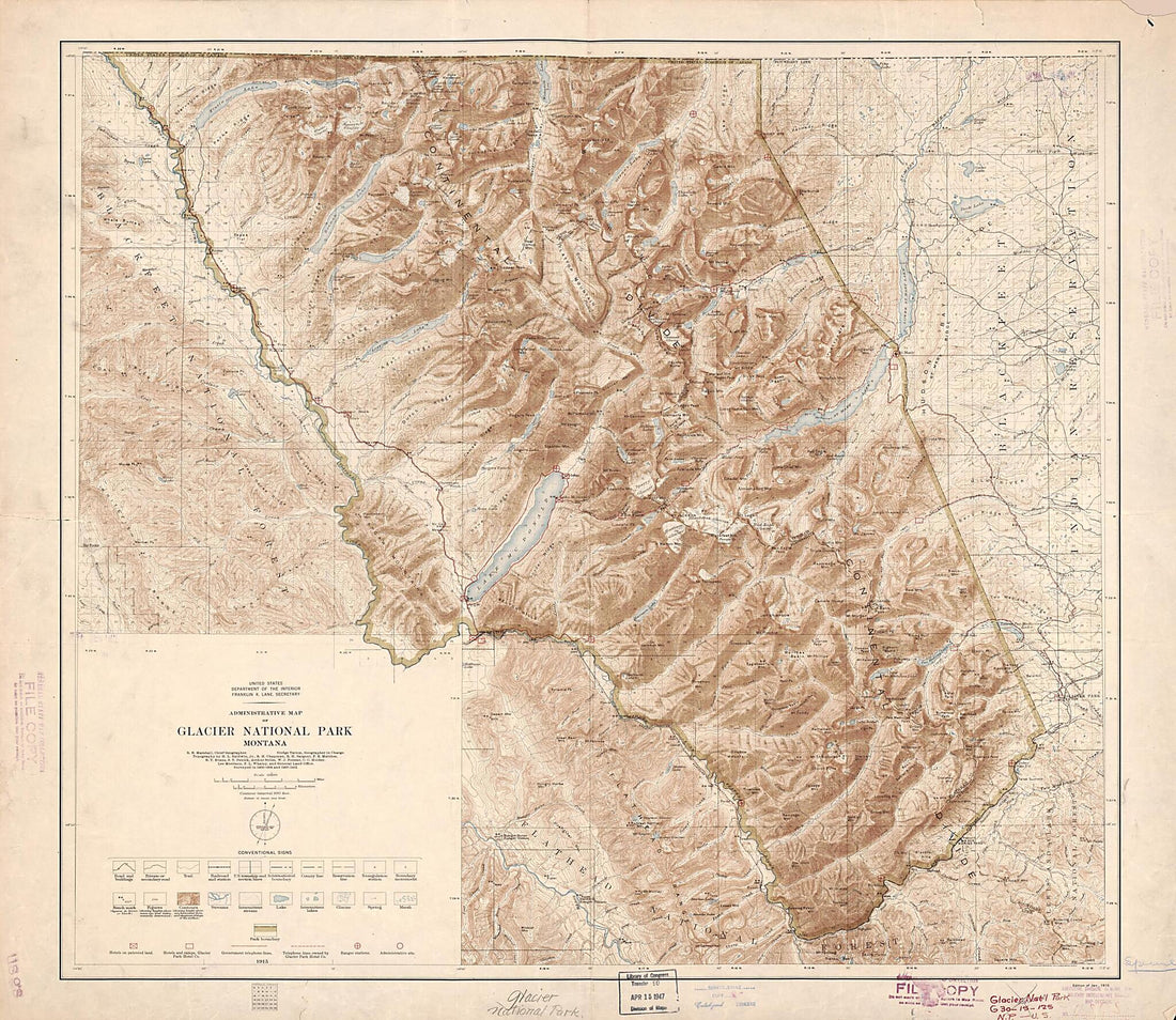 This old map of Administrative Map of Glacier National Park, Montana (Glacier National Park, Montana) from 1915 was created by H. L. (Harry L.) Baldwin, Geological Survey (U.S.), R. B. (Robert Bradford) Marshall, United States. Department of the Interi