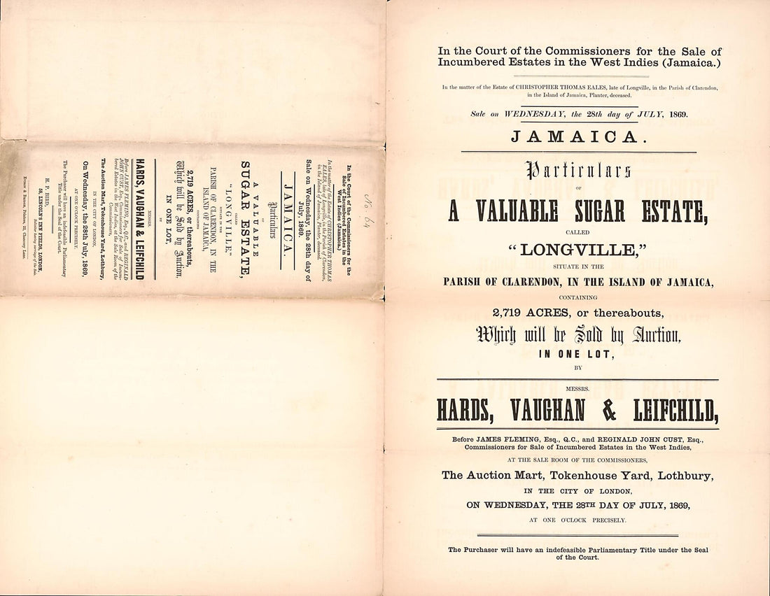 This old map of Jamaica, Particulars of a Valuable Sugar Estate : Called Longville, Situate In the Parish of Clarendon, In the Island of Jamaica, Containing 2,719 Acres, Or Thereabouts : Which Will Be Sold by Auction, In One Lot, by Messrs. Hards, Vaugha