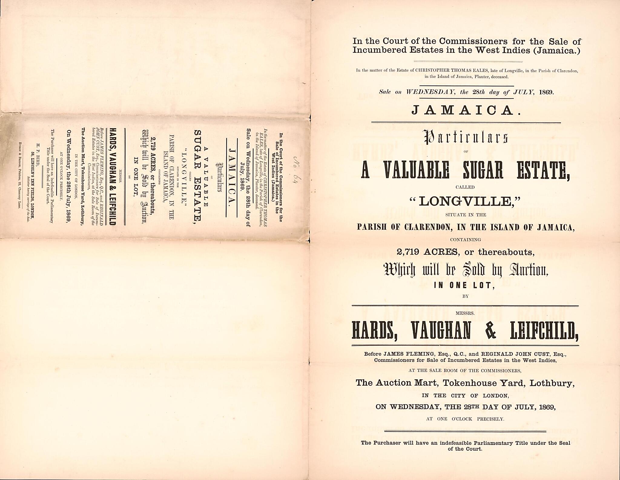 This old map of Jamaica, Particulars of a Valuable Sugar Estate : Called Longville, Situate In the Parish of Clarendon, In the Island of Jamaica, Containing 2,719 Acres, Or Thereabouts : Which Will Be Sold by Auction, In One Lot, by Messrs. Hards, Vaugha
