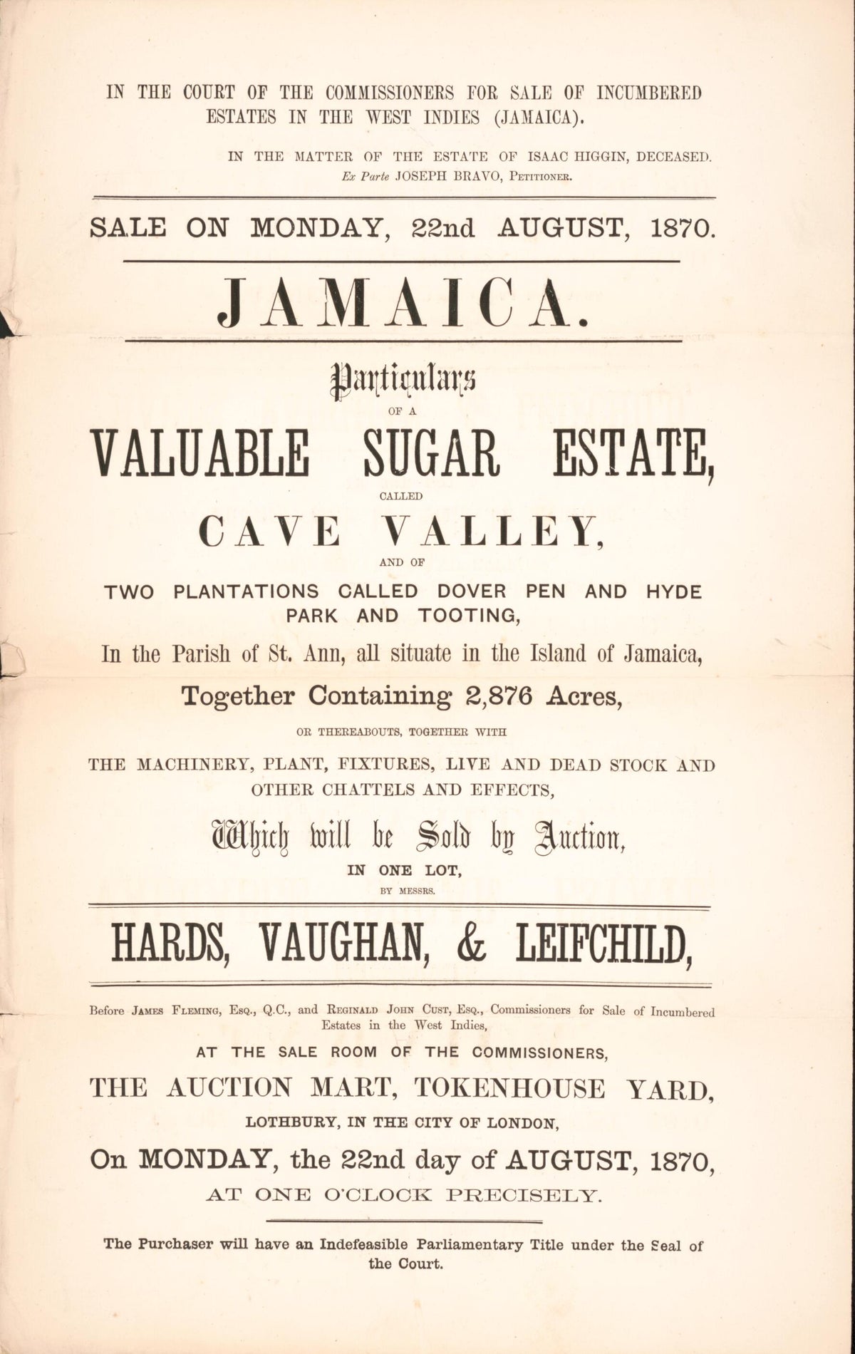 Jamaica, Particulars of a Valuable Sugar Estate : Called Cave Valley, and of Two Plantations Called Dover Pen and Hyde Park and Tooting, In the Parish of St. Ann, All Situate In the Island of Jamaica, Together Containing 2,876 Acres, Or Thereabouts, T... by Relic Map Company