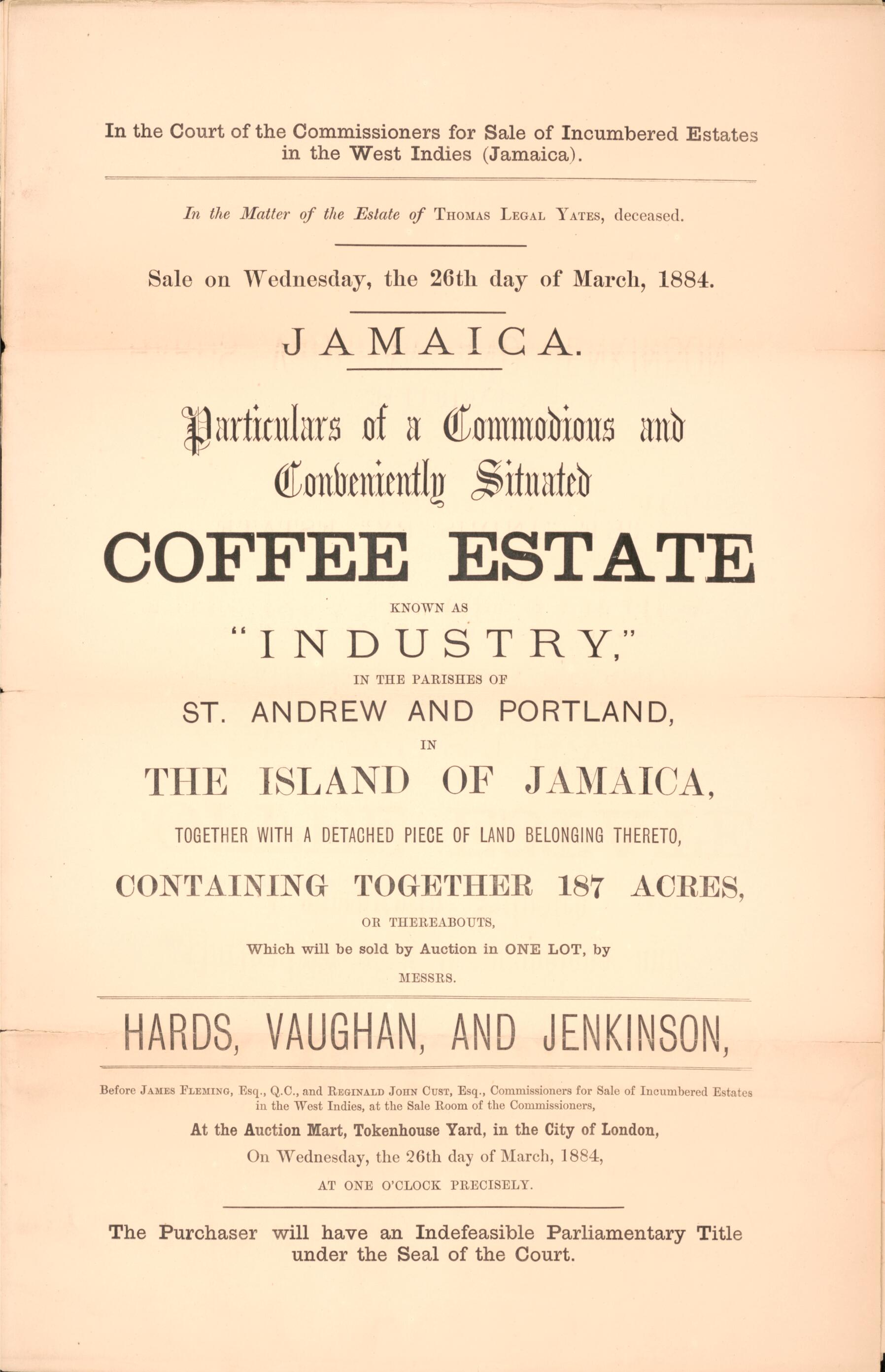 This old map of Jamaica, Particulars of a Commodions and Conveniently Situated Coffee Estate : Know As Industry, In the Parishes of St. Andrew and Portland, In the Island of Jamaica, Together With a Detached Piece of Land Belonging Thereto, Containing To