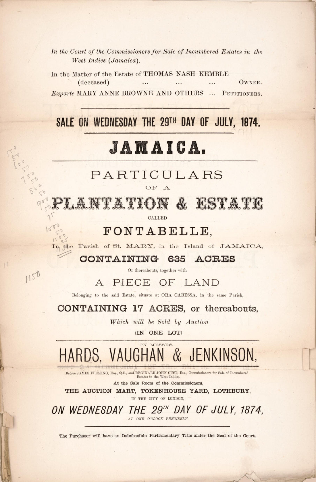 This old map of Jamaica, Particulars of a Plantation & Estate : Called Fontabelle, In the Parish of St. Mary, In the Island of Jamaica, Containing 635 Acres Or Thereabouts, Together With a Piece of Land Belonging to the Said Estate, Situate at Ora Cabess