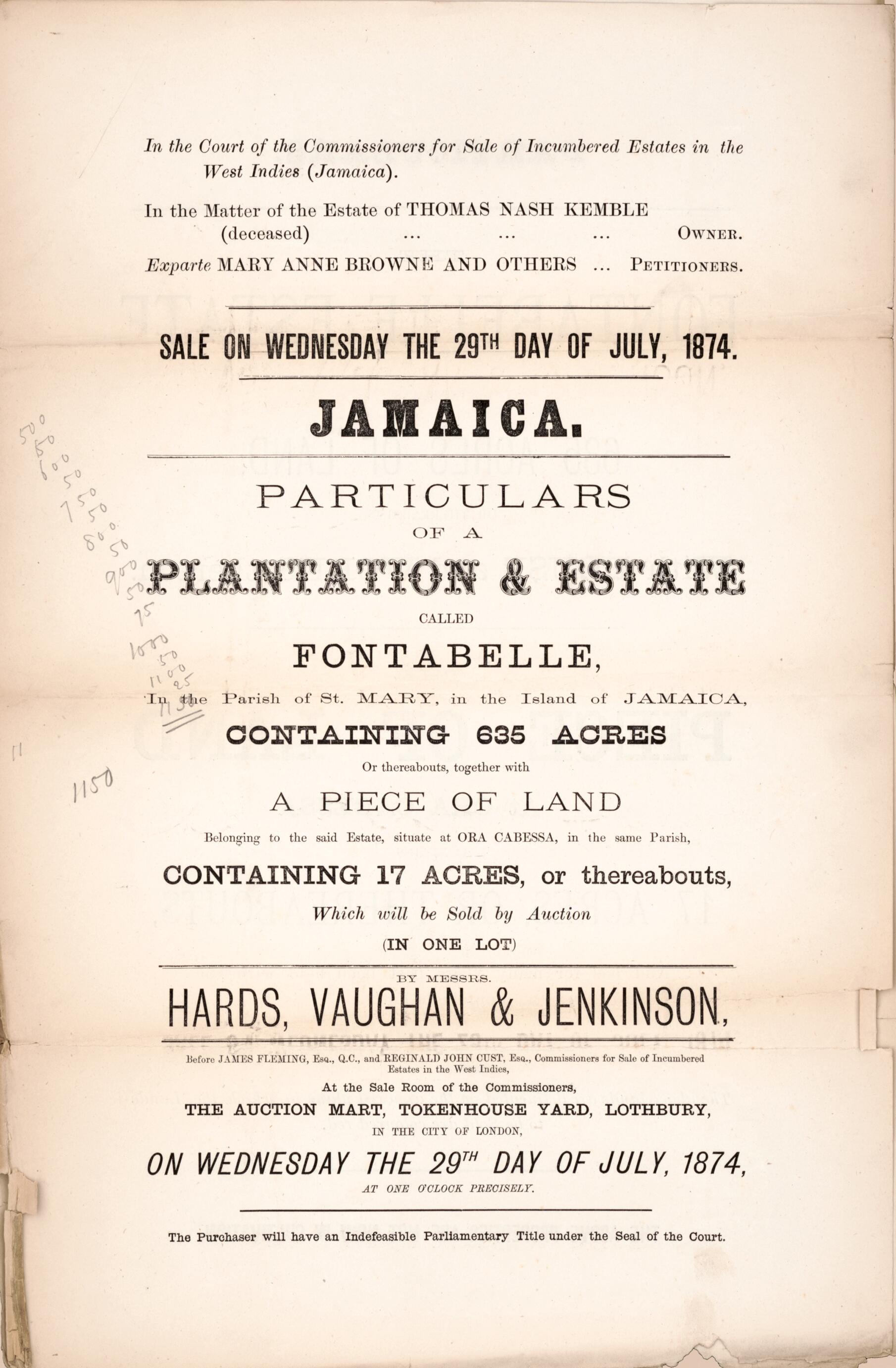 This old map of Jamaica, Particulars of a Plantation & Estate : Called Fontabelle, In the Parish of St. Mary, In the Island of Jamaica, Containing 635 Acres Or Thereabouts, Together With a Piece of Land Belonging to the Said Estate, Situate at Ora Cabess