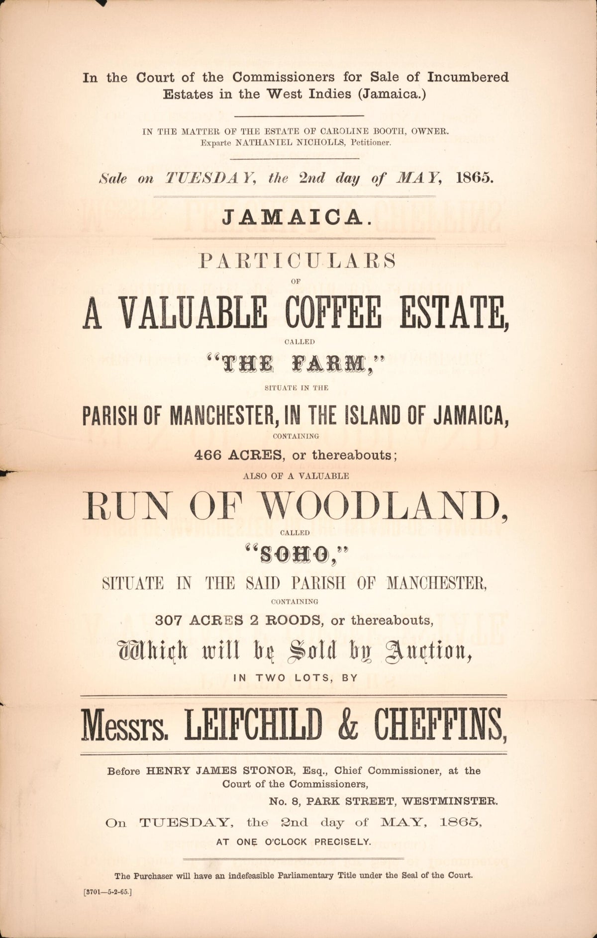 Jamaica, Particulars of a Valuable Coffee Estate : Called the Farm, Situate In the Parish of Manchester, In the Island of Jamaica, Containing 466 Acres, Or Thereabouts, Also of a Valuable Run of Woodland Called Soho, Situate In the Said Parish of Manc... by Relic Map Company