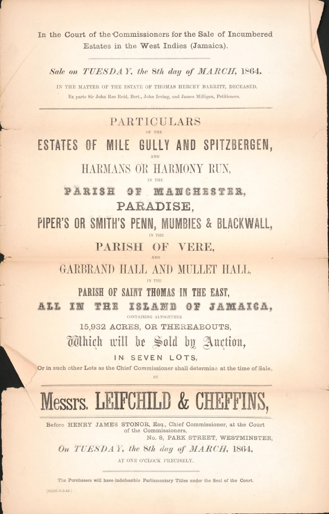 This old map of Particulars of the Estates of Mile Gully and Spitzbergen, and Harmans Or Harmony Run, In the Parish of Manchester : Paradise, Piper&