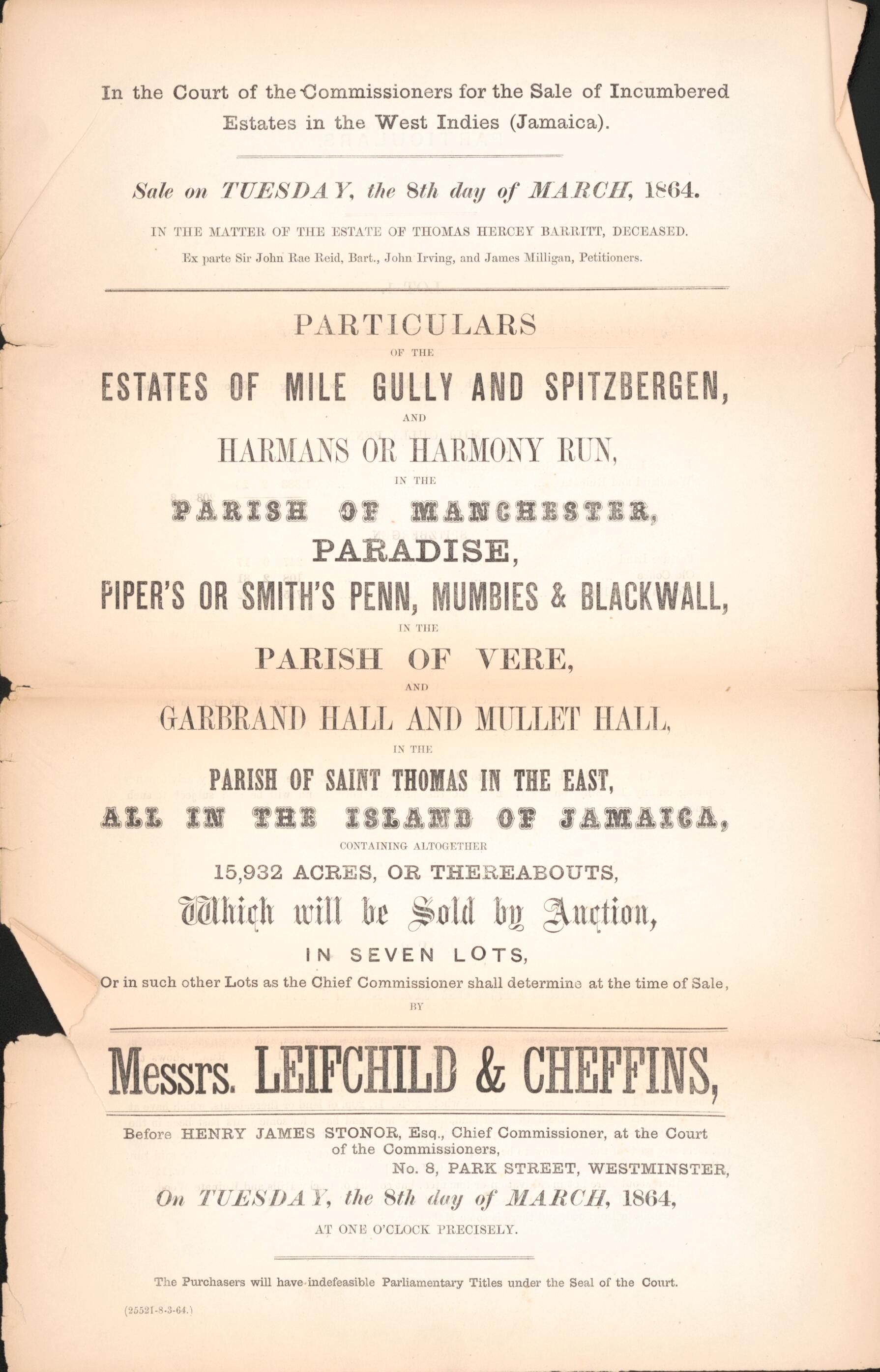 This old map of Particulars of the Estates of Mile Gully and Spitzbergen, and Harmans Or Harmony Run, In the Parish of Manchester : Paradise, Piper&
