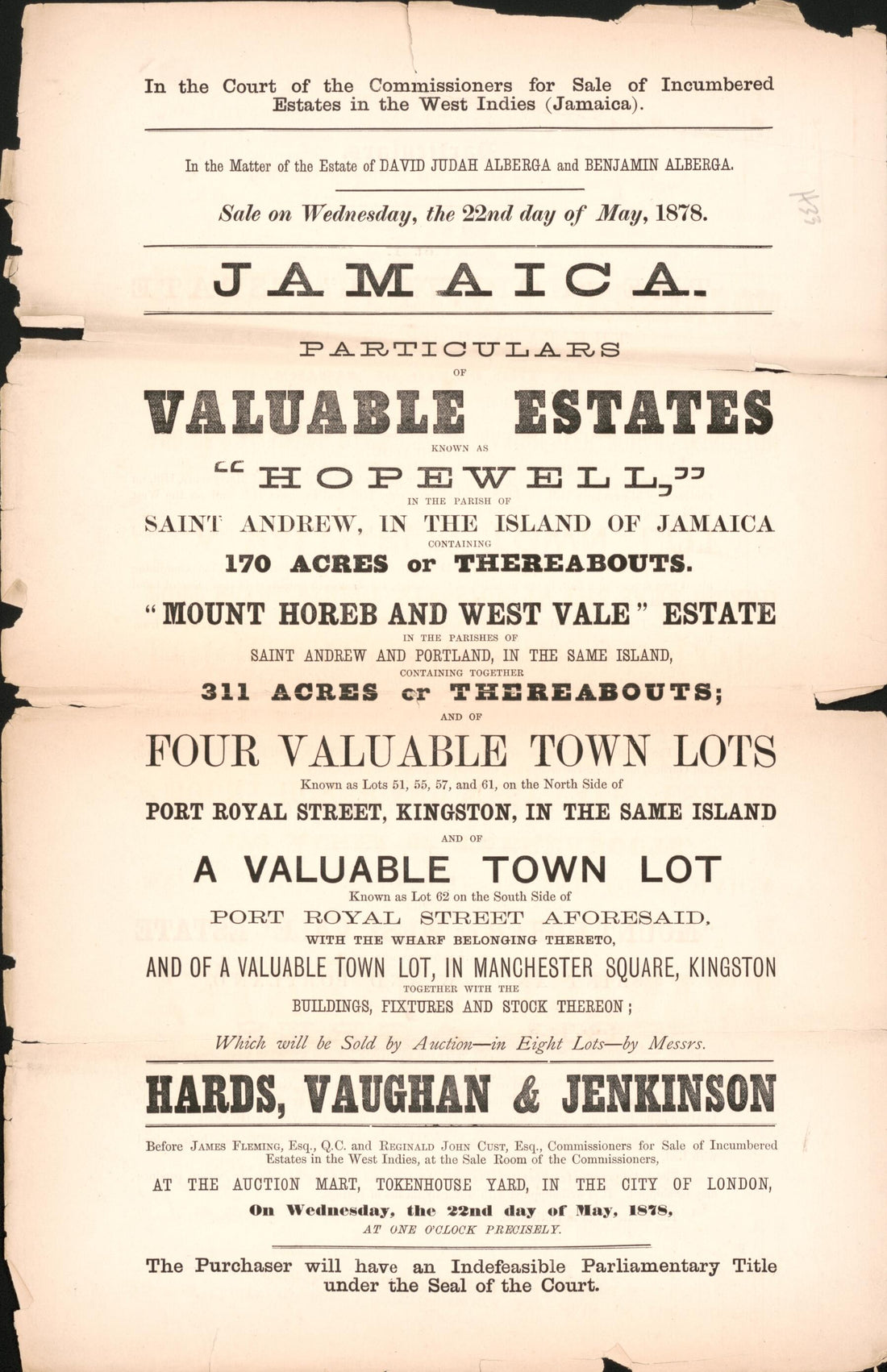 This old map of Jamaica, Particulars of Valuable Estates : Known As Hopewell, In the Parish of Saint Andrew, In the Island of Jamaica Containing 170 Acres Or Thereabouts : Mount Horeb and West Vale Estate In the Parishes of Saint Andrew and Portland, In