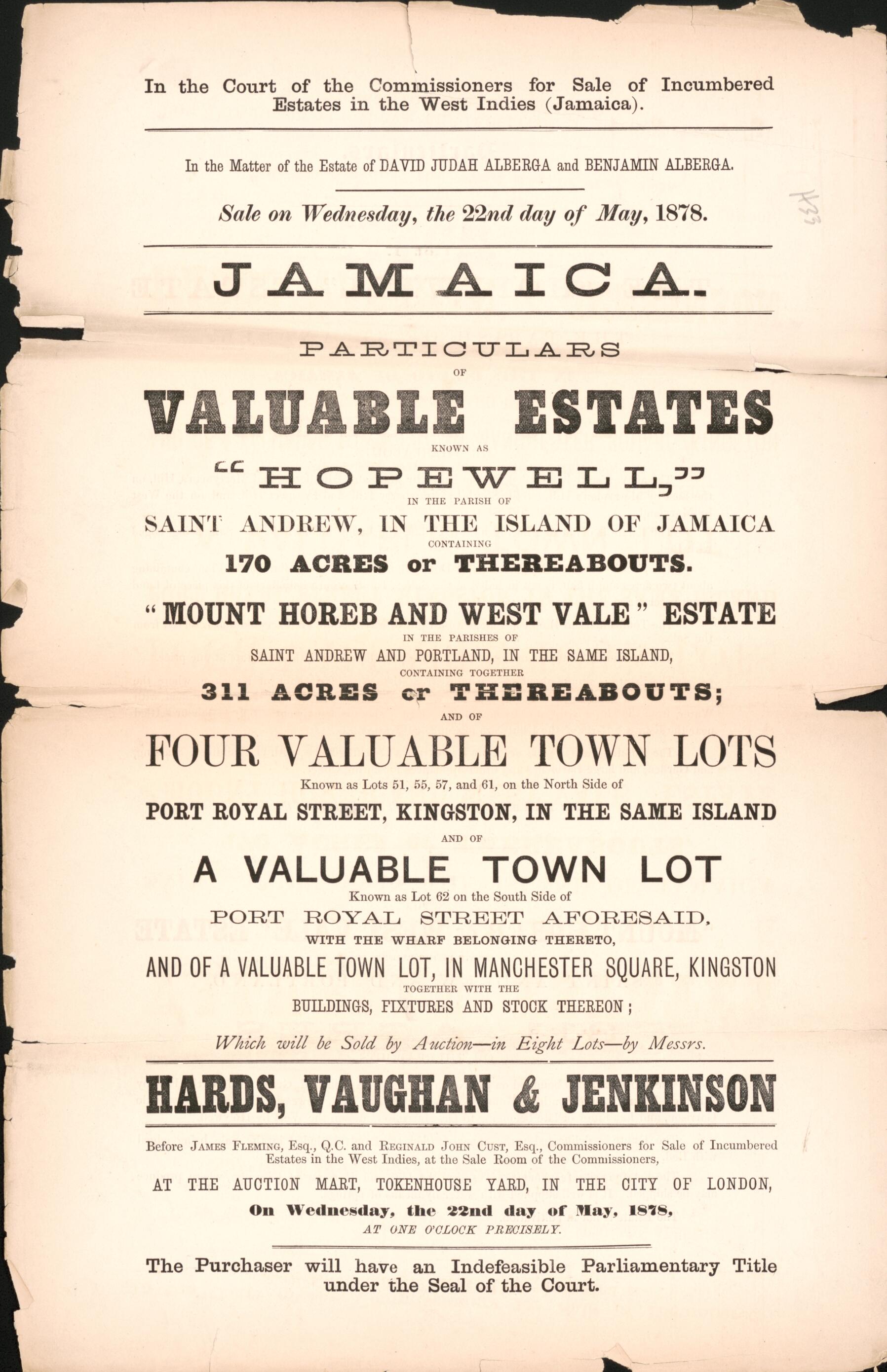 This old map of Jamaica, Particulars of Valuable Estates : Known As Hopewell, In the Parish of Saint Andrew, In the Island of Jamaica Containing 170 Acres Or Thereabouts : Mount Horeb and West Vale Estate In the Parishes of Saint Andrew and Portland, In