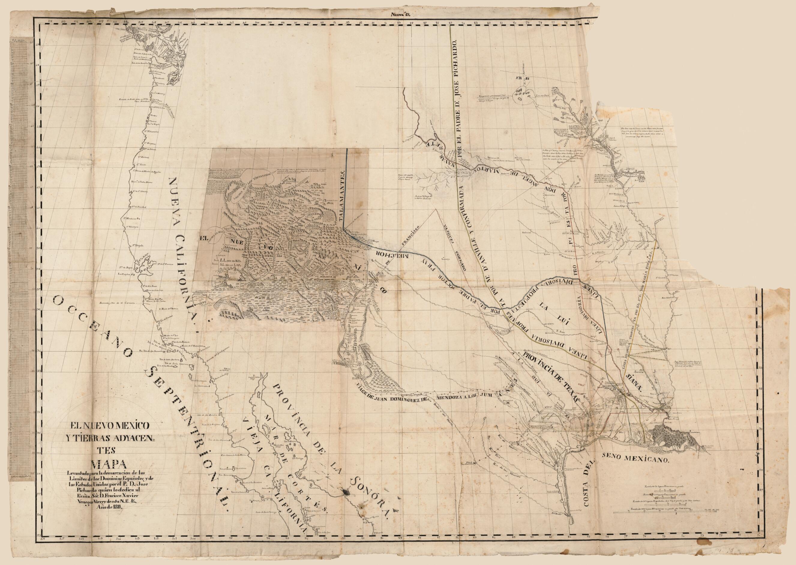 This old map of El Nuevo Mexico Y Tierras Adyacentes Mapa Levantado Para La Demarcacion De Los Limites De Los Dominios Españoles Y De Los Estados Unidos Por El P.D. Jose Pichardo Quien Lo Dedica Al Exmo. Sor. D. Fracisco Xavier Venegas Virrey De Esta N.