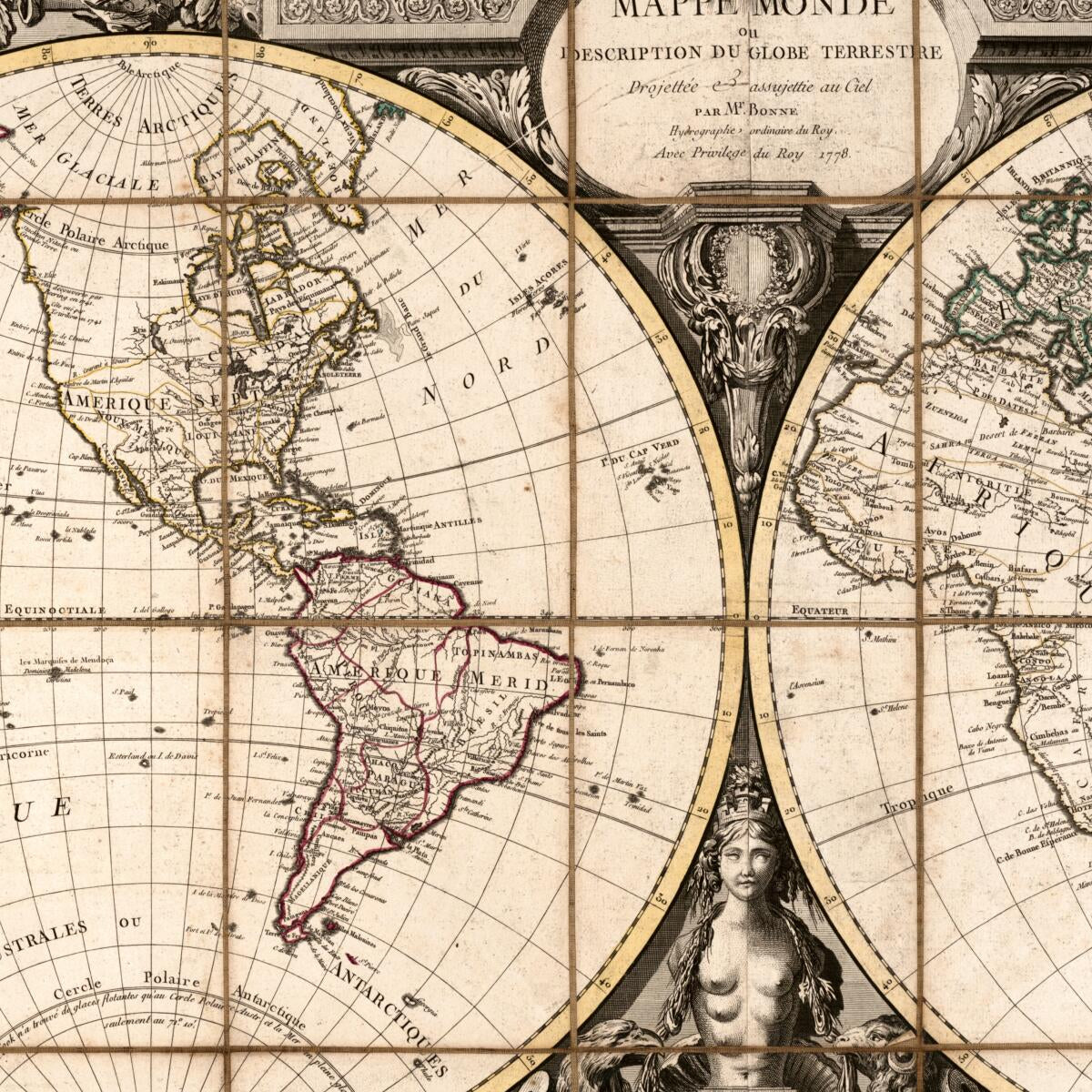 This old map of Mappe Monde, Ou Description Du Globe Terrestre : Drojettée E Assujettie Au Ciel from 1778 was created by Rigobert Bonne in 1778