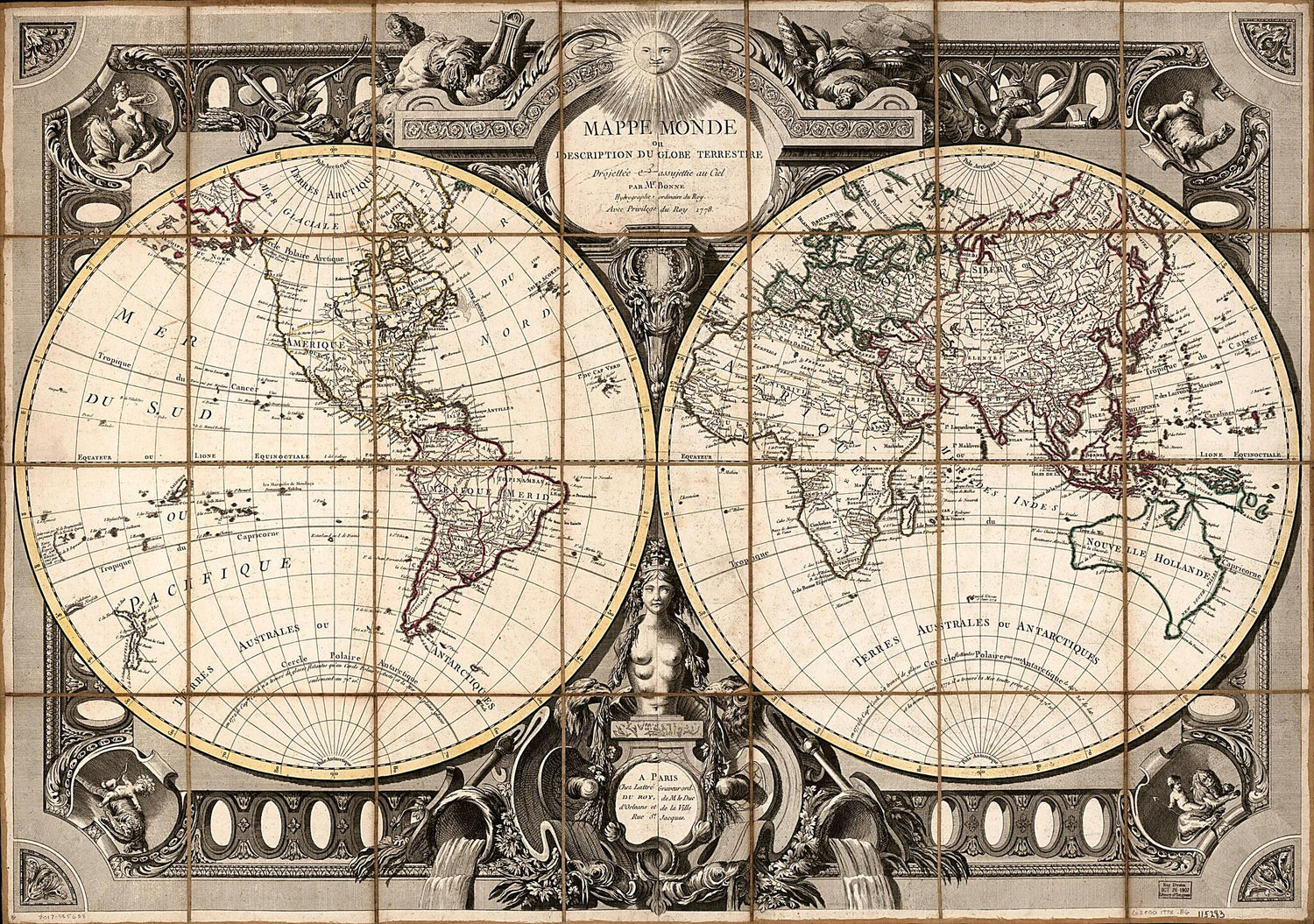 This old map of Mappe Monde, Ou Description Du Globe Terrestre : Drojettée E Assujettie Au Ciel from 1778 was created by Rigobert Bonne in 1778