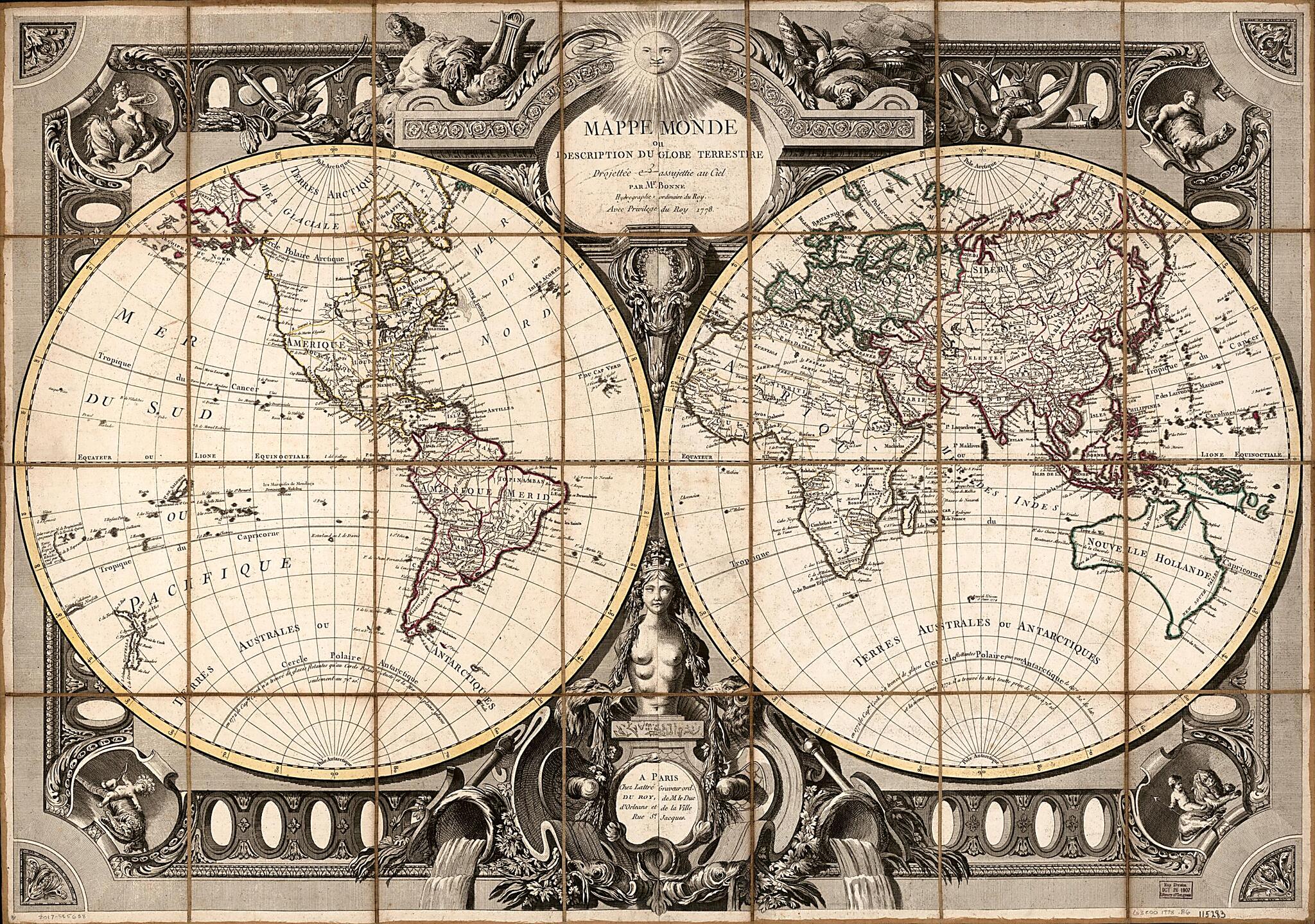 This old map of Mappe Monde, Ou Description Du Globe Terrestre : Drojettée E Assujettie Au Ciel from 1778 was created by Rigobert Bonne in 1778