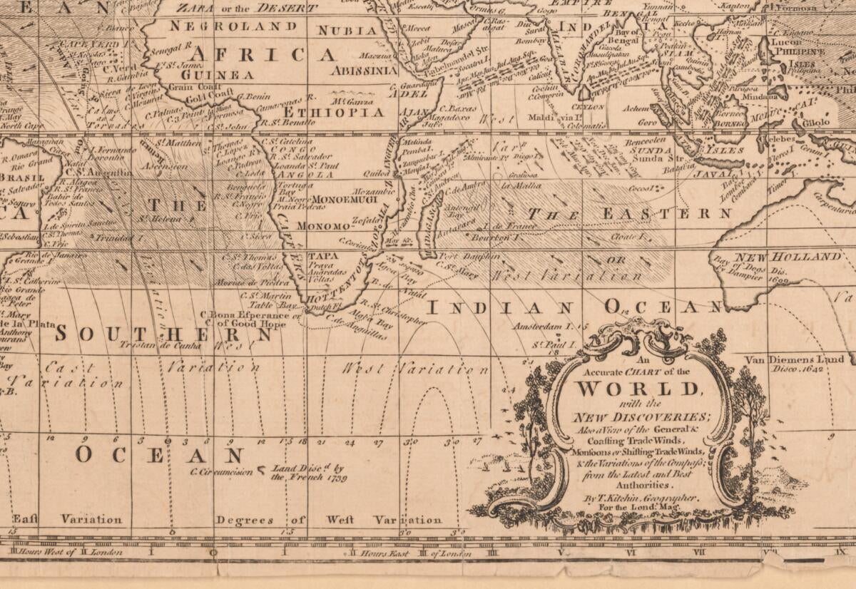 This old map of An Accurate Chart of the World With the New Discoveries : Also a View of the General & Coasting Trade Winds, Monsoons Or Shifting Trade Winds & the Variations of the Compass from the Latest and Best Authorities from 1758 was created by Thomas Kitchin in 1758
