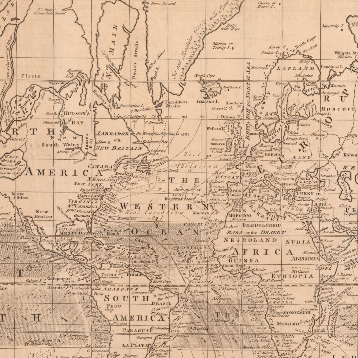 This old map of An Accurate Chart of the World With the New Discoveries : Also a View of the General & Coasting Trade Winds, Monsoons Or Shifting Trade Winds & the Variations of the Compass from the Latest and Best Authorities from 1758 was created by Thomas Kitchin in 1758