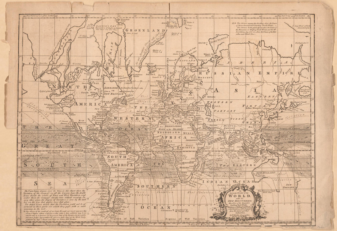 This old map of An Accurate Chart of the World With the New Discoveries : Also a View of the General & Coasting Trade Winds, Monsoons Or Shifting Trade Winds & the Variations of the Compass from the Latest and Best Authorities from 1758 was created by Thomas Kitchin in 1758