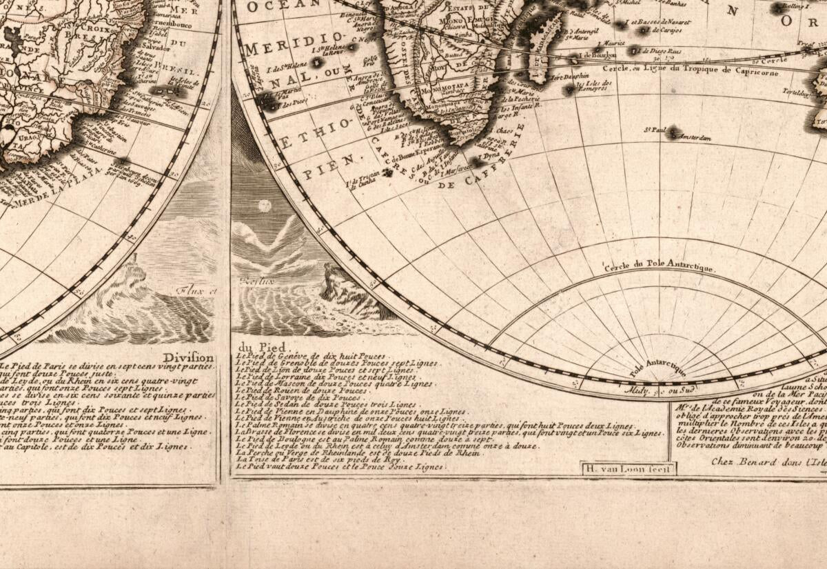 This old map of Monde, Ou Carte Generale De La Terre : Divisée En Deux Hemispheres Suivant La Projection La Plus Commune Ou Tous Les Points Principaux Sont Placez Sur Les Observations De Mrs. De L&
