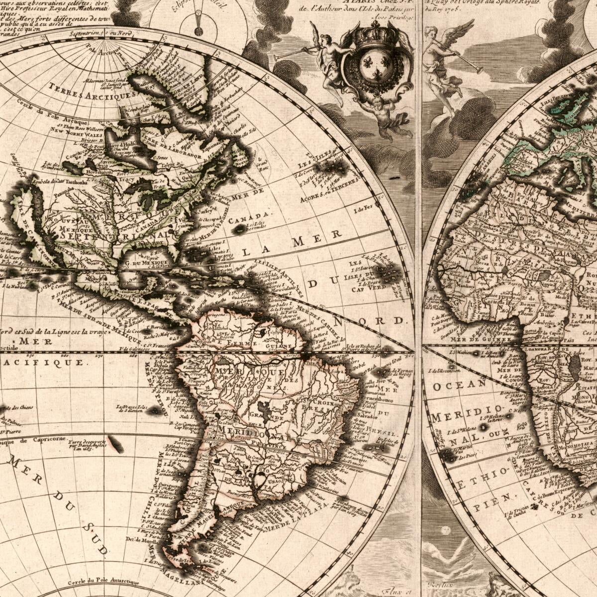 This old map of Monde, Ou Carte Generale De La Terre : Divisée En Deux Hemispheres Suivant La Projection La Plus Commune Ou Tous Les Points Principaux Sont Placez Sur Les Observations De Mrs. De L&