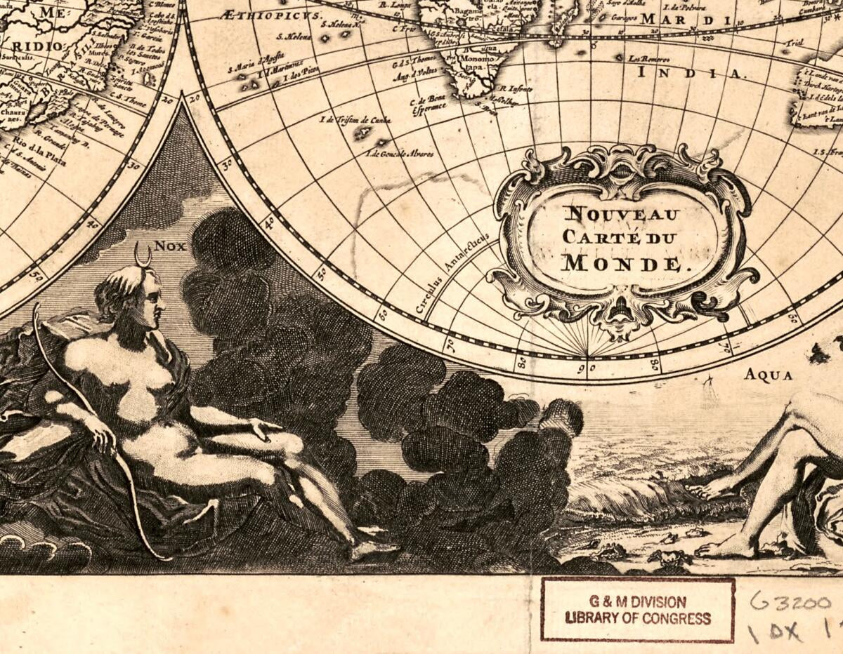This old map of Nova Delineatio Totius Orbis Terrarum (Nouveau Carte Du Monde) from 1703 was created by Pieter Van Der Aa in 1703