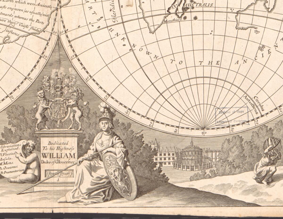 This old map of A New Map of the Terraqueous Globe According to the Ancient Discoveries and Most General Divisions of It Into Continents and Oceans from 1718 was created by Michael Burghers, Edward Wells in 1718