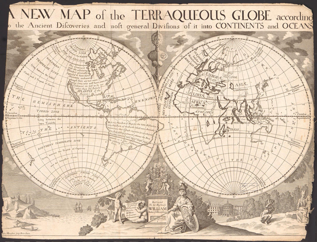 This old map of A New Map of the Terraqueous Globe According to the Ancient Discoveries and Most General Divisions of It Into Continents and Oceans from 1718 was created by Michael Burghers, Edward Wells in 1718